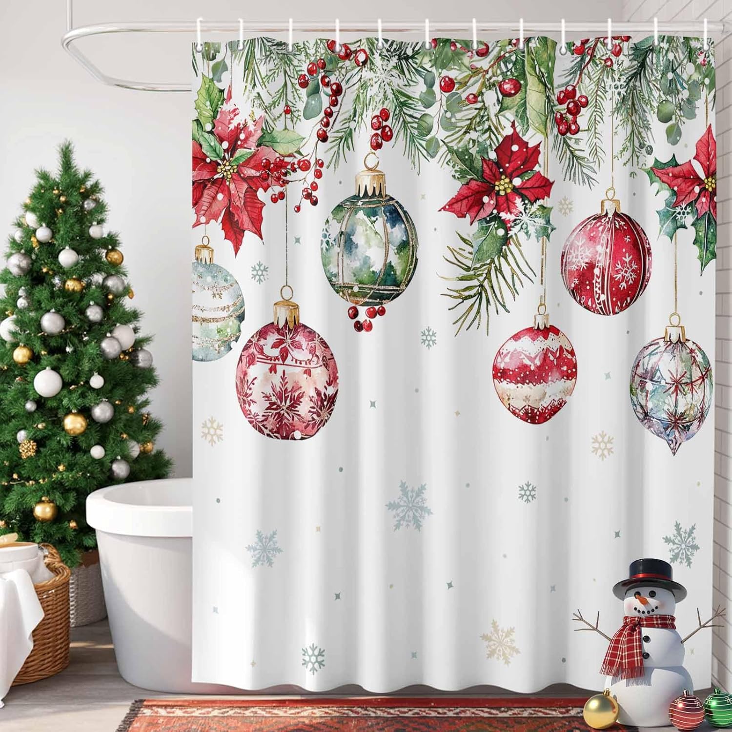 Christmas Shower Curtains for Bathroom Christmas Balls Winter Shower Curtain Set Pine Tree Branch Poinsettia Snowflake Waterproof Polyester Bathroom Curtain with Hooks Home Decor Extra Long 72x84 Inch