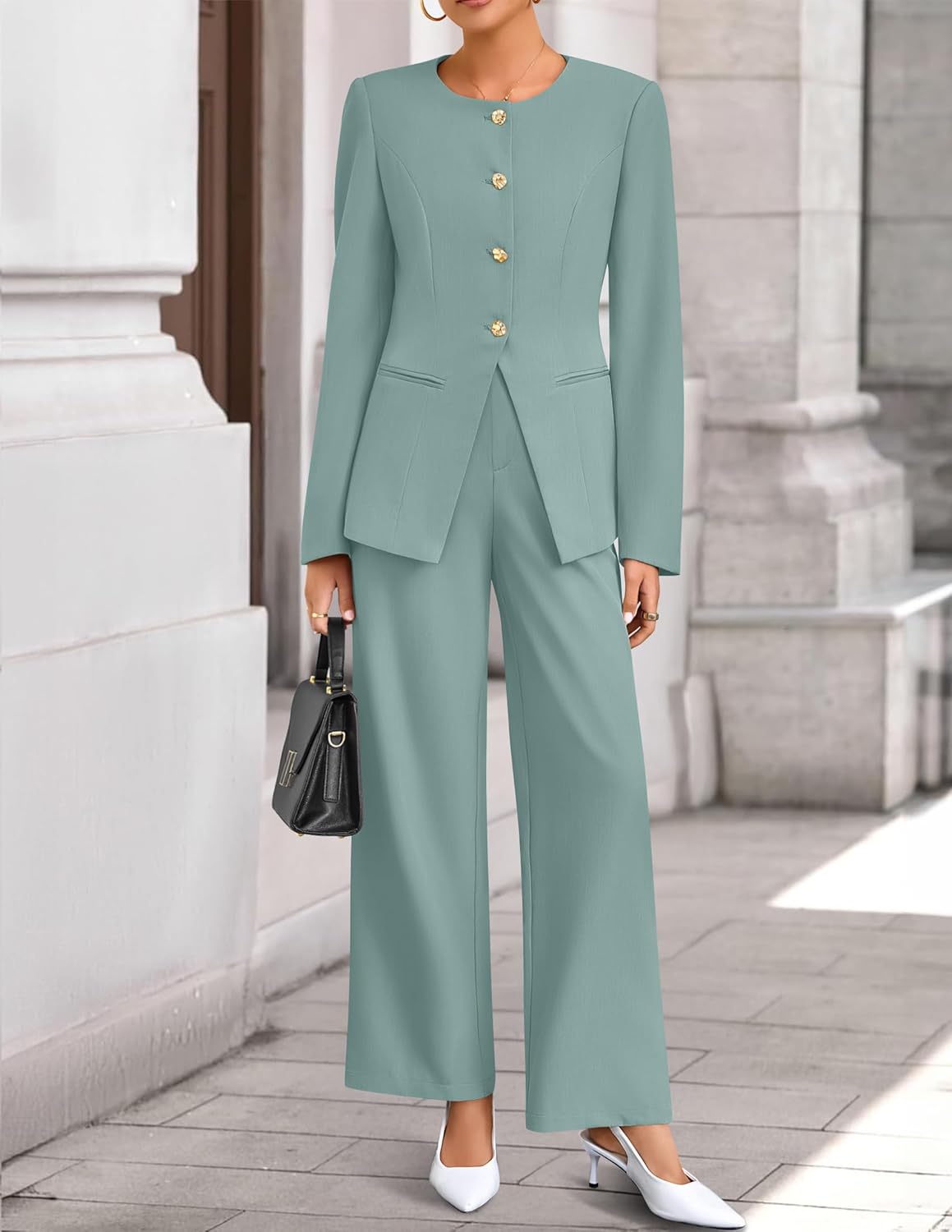 ZESICA Women's 2026 Spring Two Piece Suits Set Casual Business Long Sleeve Blazer Jacket Wide Leg Pants Work Outfits Sets - Image 4