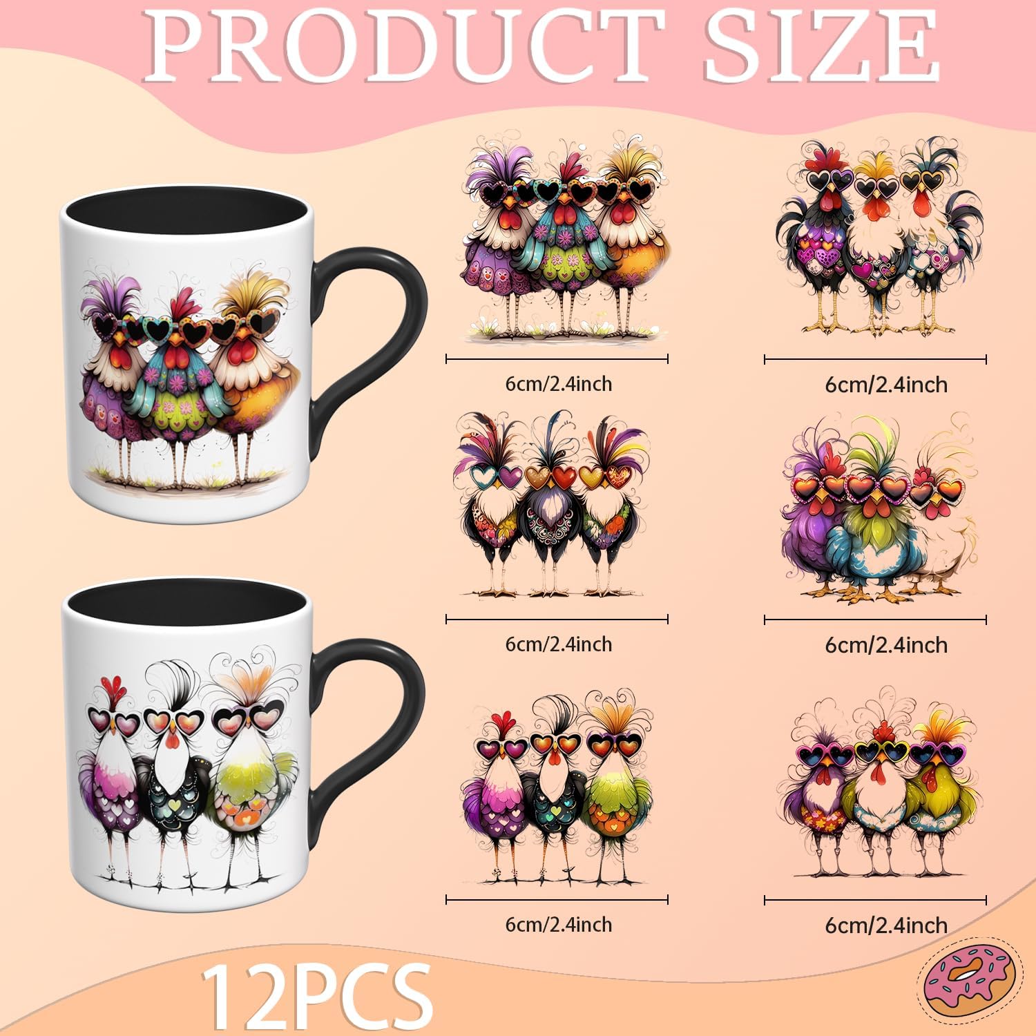 12 PCS Funny Whimsical Chicken UV DTF Transfer Decals for Coffee Mugs Water Bottles, Peel-and-Stick Film for Smooth Glass Metal Ceramic Notebook Surfaces