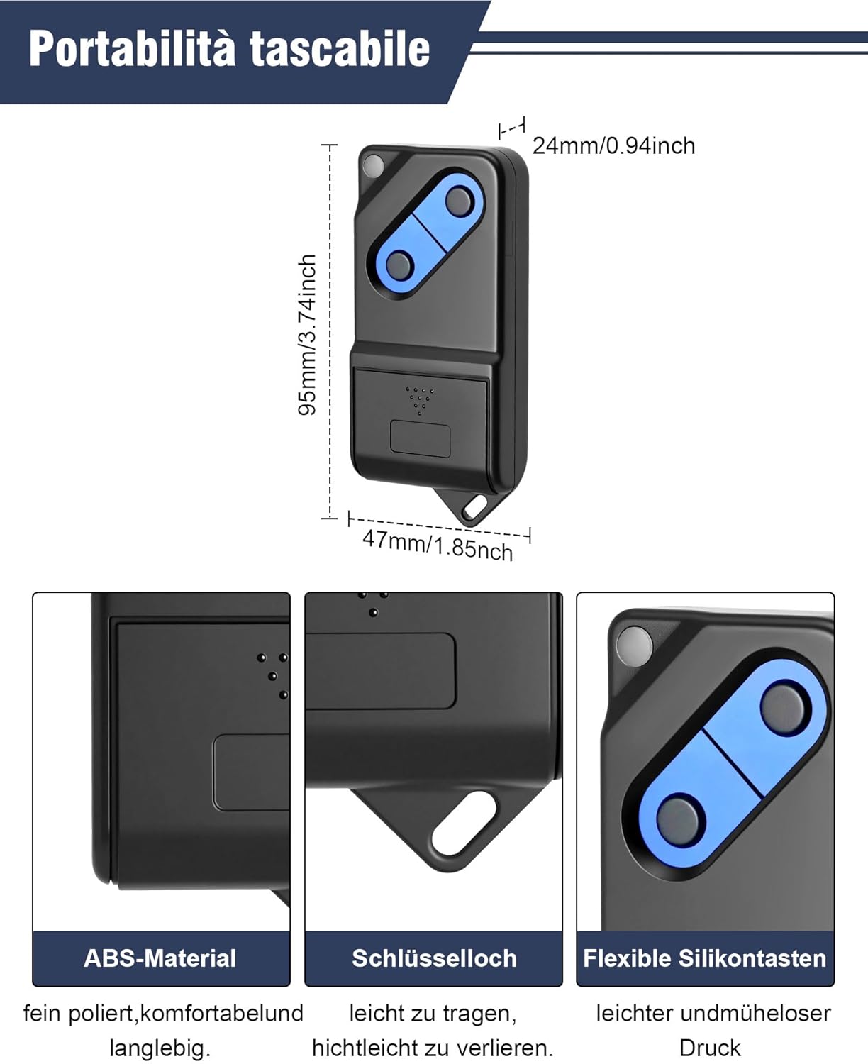 Technical drawing of the remote control showing dimensions (95mm/3.74inch length, 47mm/1.85inch width, 24mm/0.94inch thickness). Below are three close-up images highlighting the ABS material, a keyhole for attachment, and flexible silicone buttons.