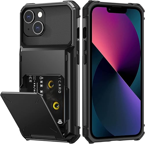 Nvollnoe Funda para iPhone 13 con tarjetero almacena 5 tarjetas Funda tipo cartera de doble capa resistente a prueba de golpes con ranura oculta