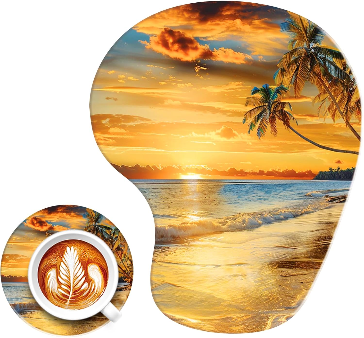 Travel Mouse Pad with Wrist Rest,Ergonomic Mouse Pad with Gel Wrist Support,Gaming Mousepad with Non-Slip Pain Relief PU Base for Office Desk Accessories,Laptop Coasters Set (Beach Sunset)