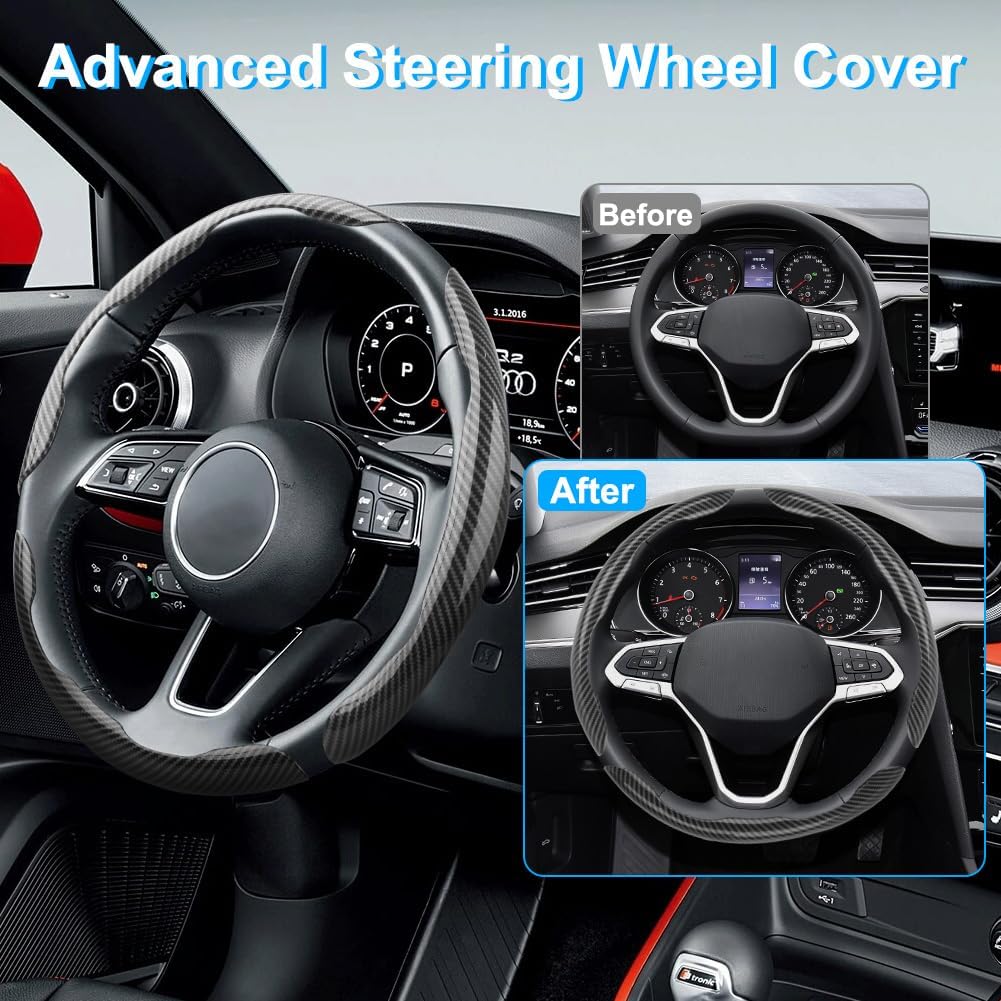 Carbon Fiber Steering Wheel Cover 3PCS, Non-Slip Grip for Universal Cars,Fit for 14–16 Inch Wheels, Interior Accessories for Cars Trucks (Black)