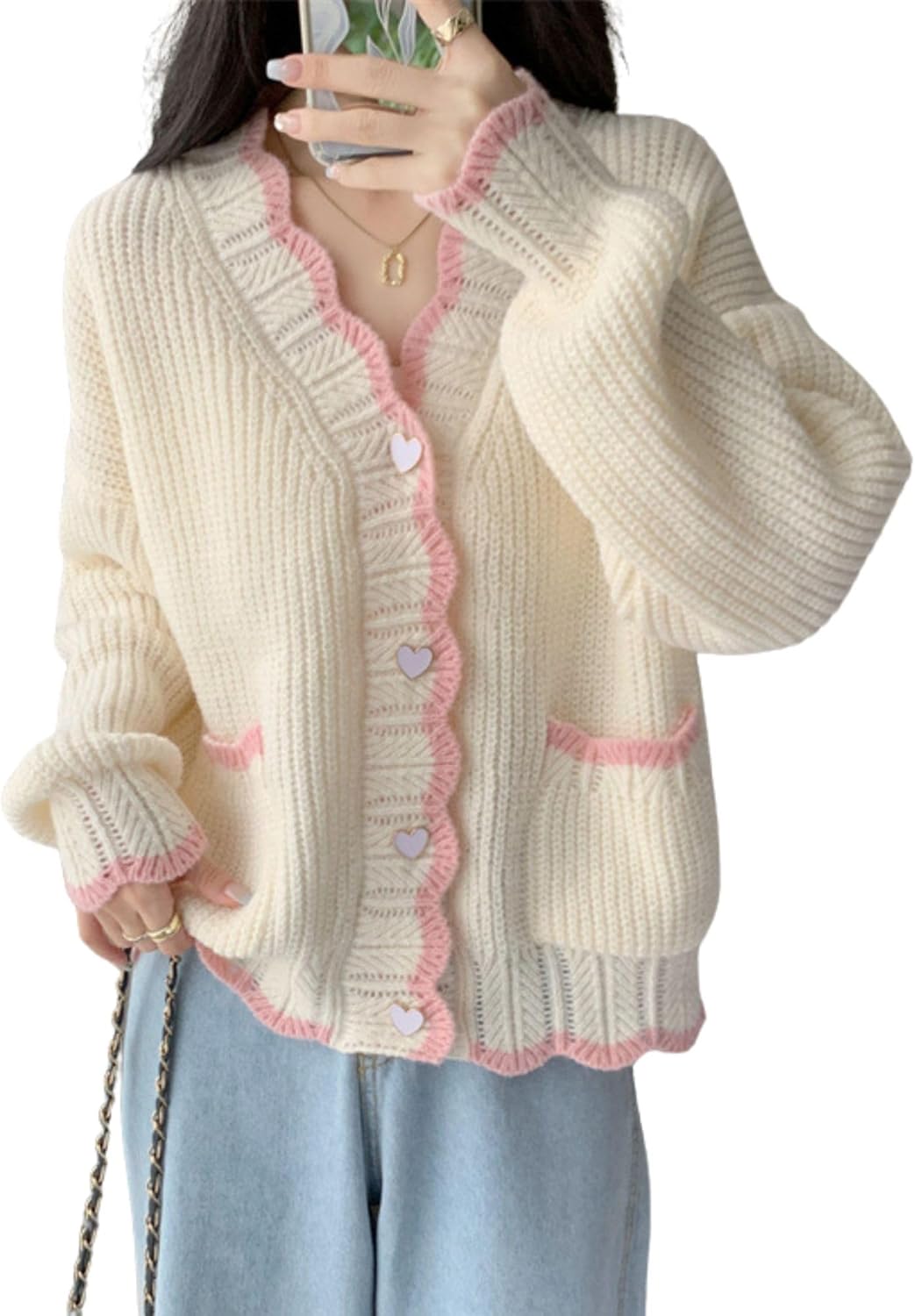FindThy Women’s Cute Cardigan Sweater Kawaii V-Neck Long Sleeve Heart Button Color-Blocked Knit Outerwear