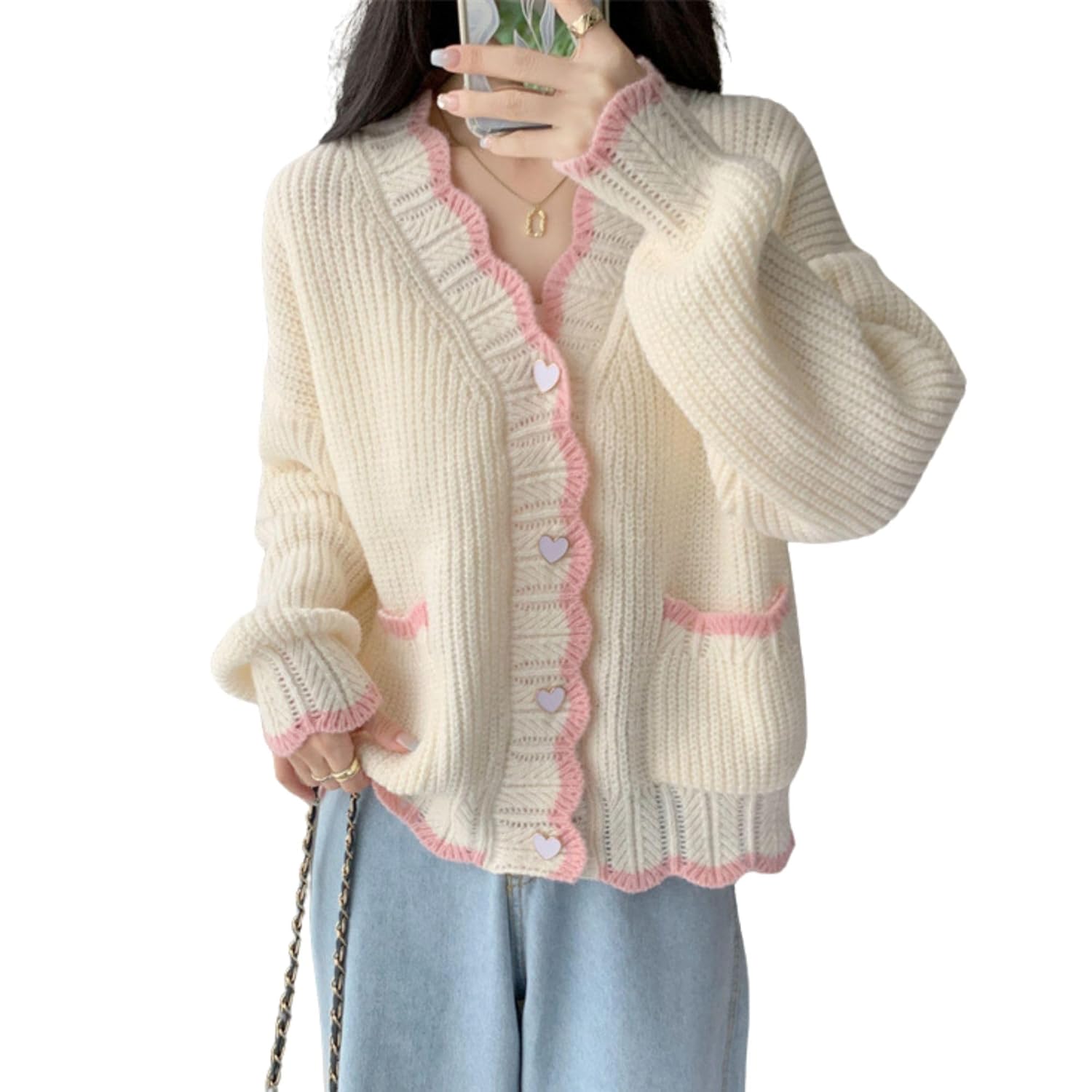 FindThy Womens Cute Cardigan Sweater Kawaii V-Neck Long Sleeve Heart Button Color-Blocked Knit Outerwear
