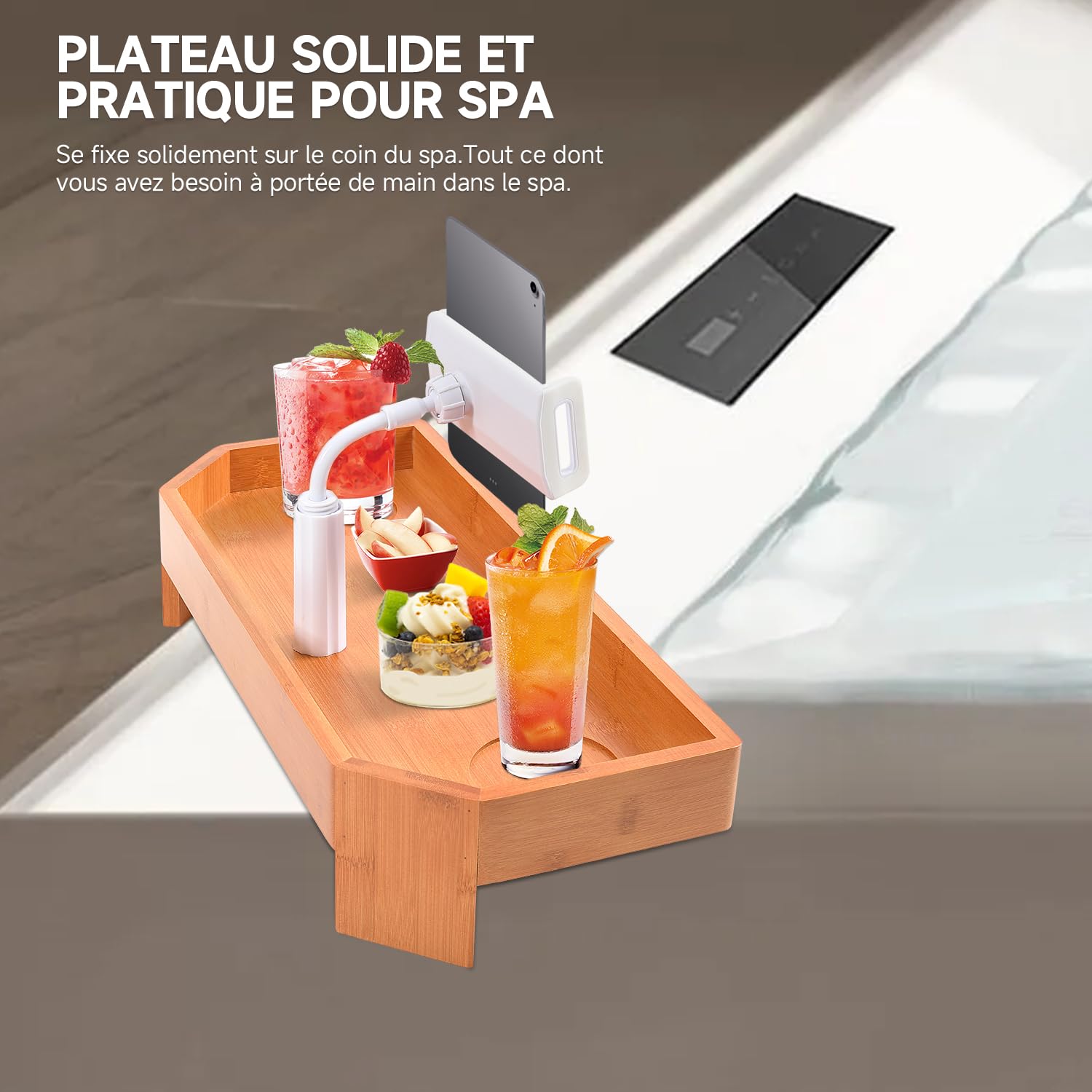ECO POOLTECH Plateau en Bambou pour Spa, Table d'appoint antidérapante pour Boissons avec Porte-gobelet et Support de téléphone, Plateau pour Spa, Baignoire, Accessoire pour Spa