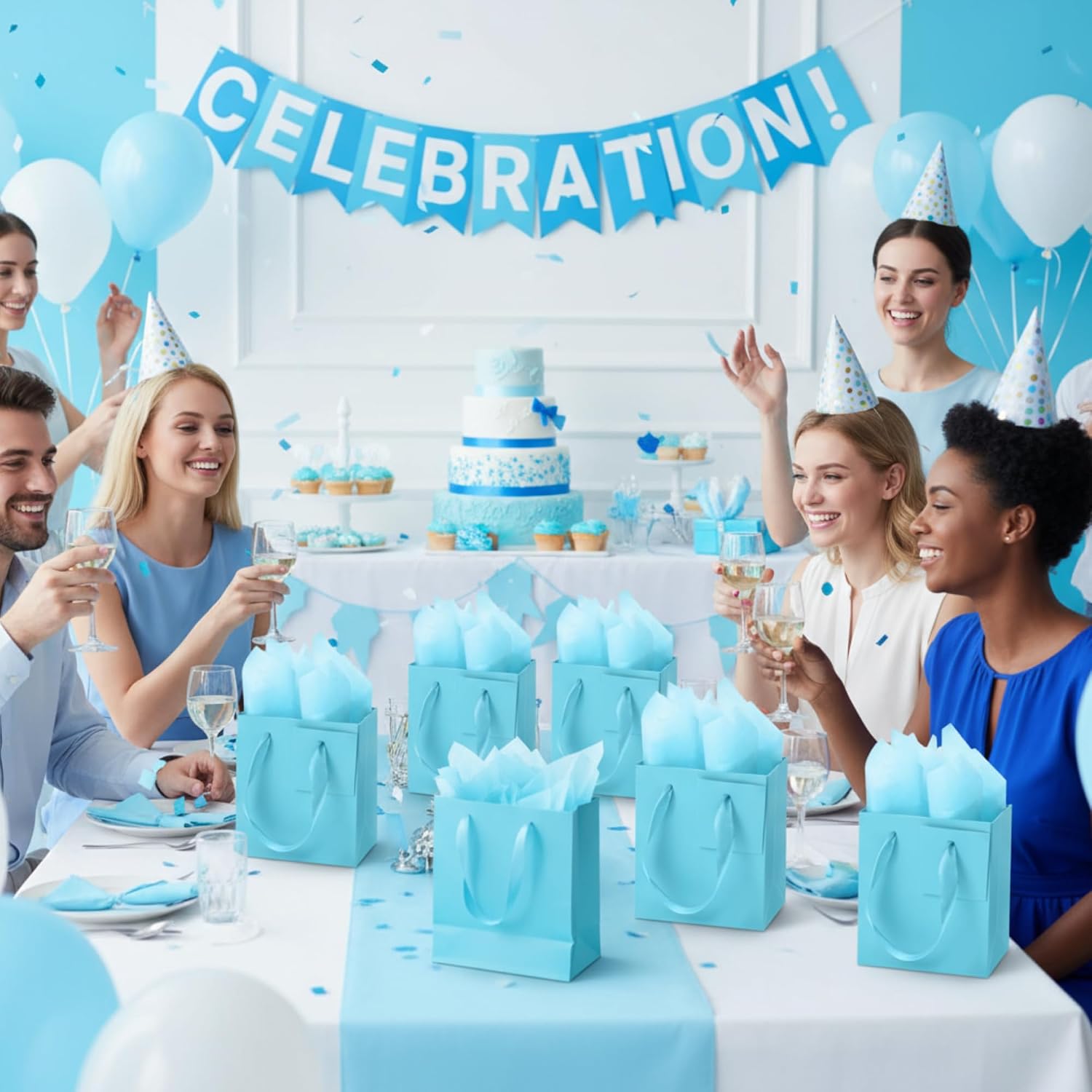 Tenare 12 Pcs Small Gift Bags Mini Paper Bags,4 * 2.75 * 4.5inch,Sky Blue image 5