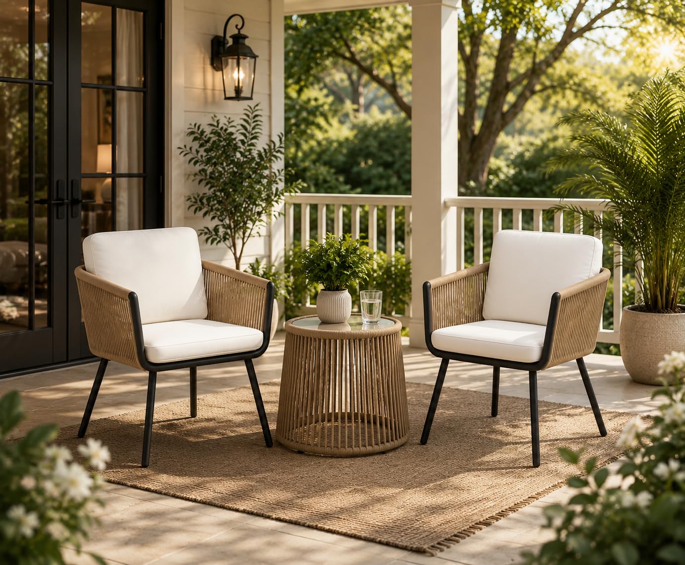 STRINGKNOT Viraj Luxe Outdoor Patio Furniture Set with 2 Handwoven Braid Rope Chairs (Beige), Cushions (White) & Glass Top Table, Coffee Set for Balcony, Garden or Terrace-image-40