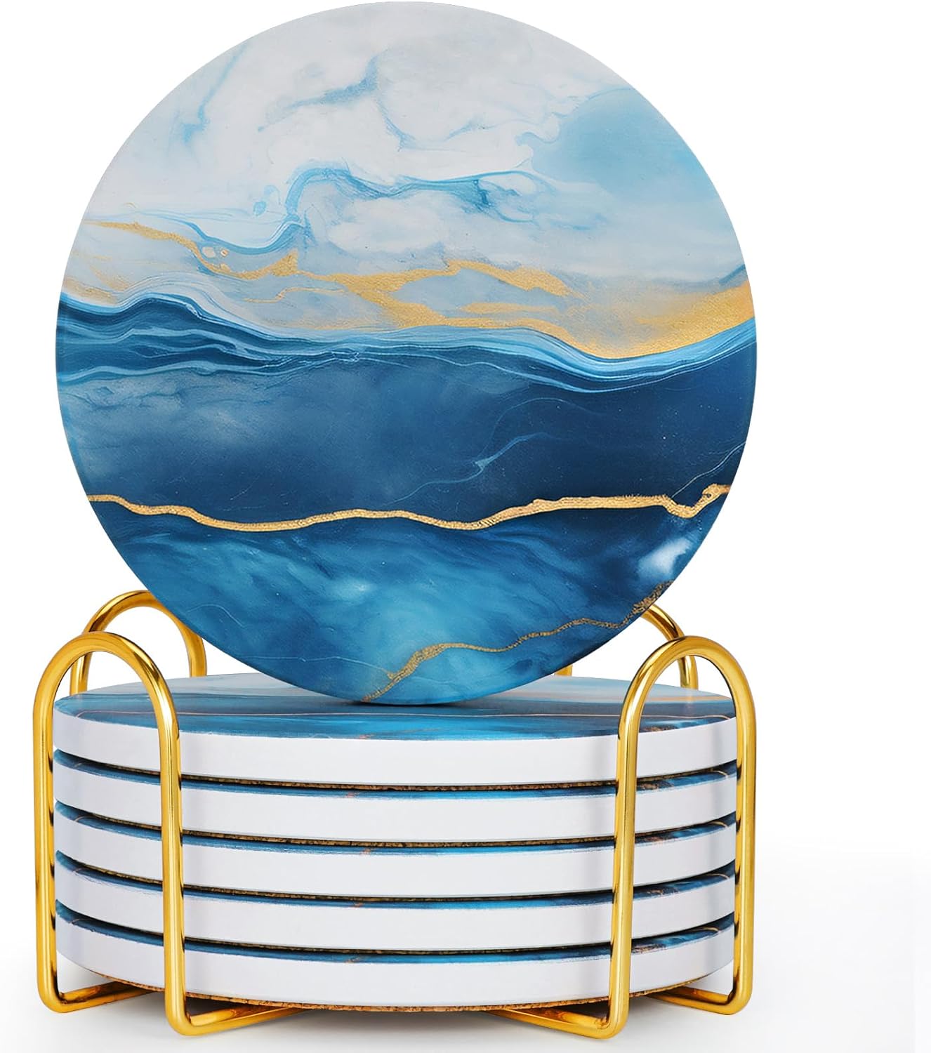 GOH DODD Coasters for Drinks Set of 6, Absorbent Marble Style Ceramic Coaster Tabletop Protection Home Decor with Metal Holder for Coffee Table, Housewarming Gifts Wedding Party, Blue, Round, 4 Inch