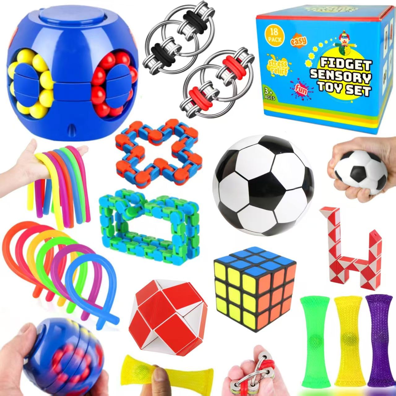 Paochocky 18 Pcs Fidget Toys Set,Sensory Toys for Autism ADHD,Stress Reliever with Toy Box Magic Burger Cube,Flippy Chain Stress Ball Anti-anxiety Birthday for Teen Children Adult
