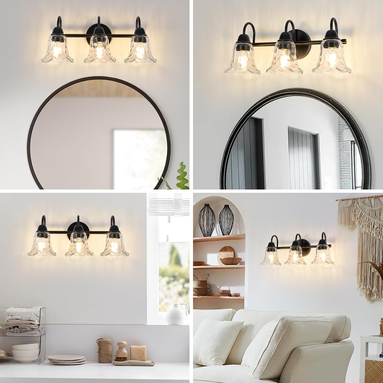 Bathroom Light Fixtures over Mirror, 3 Lights Vintage Wall Sconces with Hammered Glass Shade, 19.3" Matte Black Farmhouse Bathroom Wall Light Fixtures for Bedroom, Porch, Hotel, Mirror Cabinet