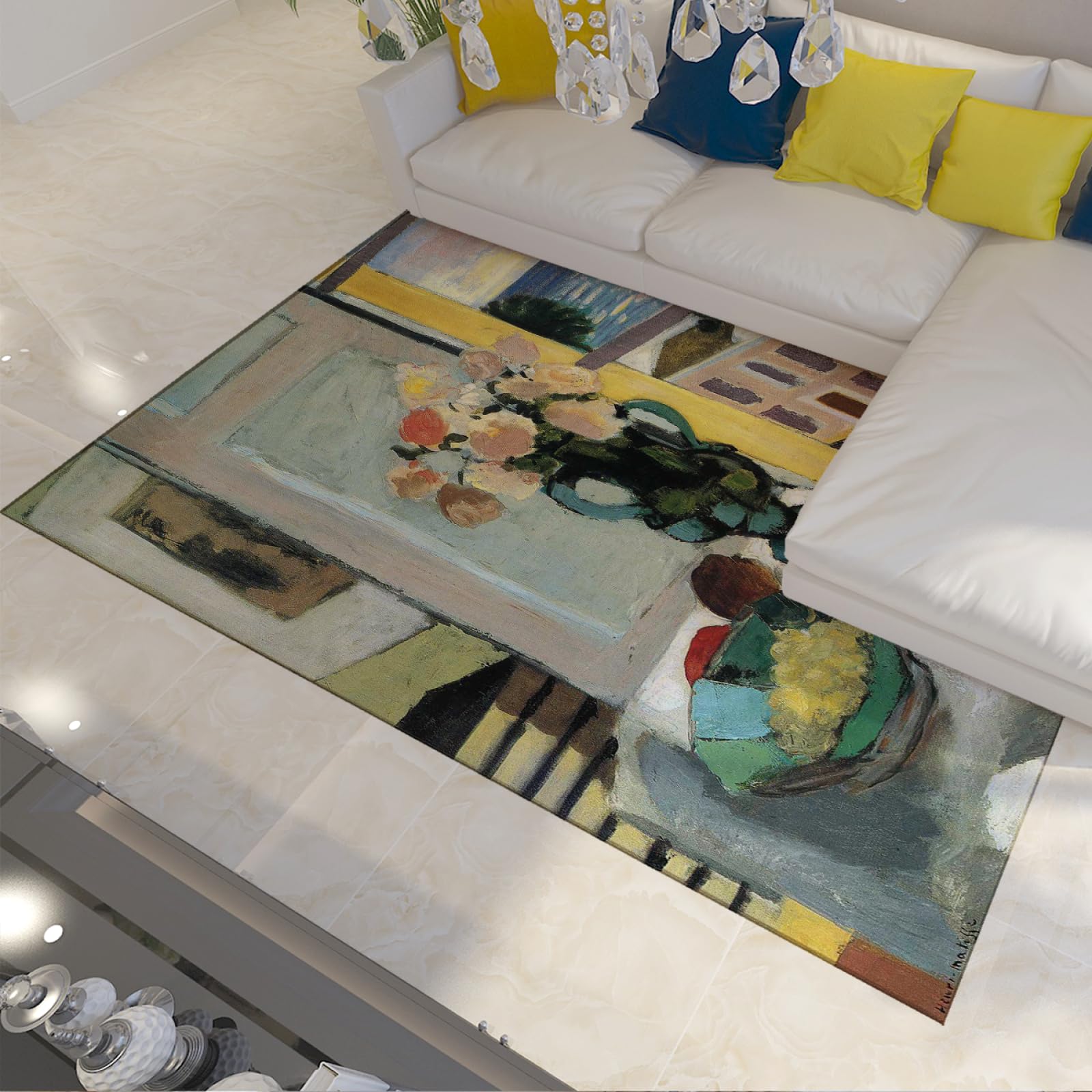 Tapis ras Matisse fleurs devant une fenêtre 120x240cm idéal pour illuminer le sol du salon