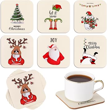 6Pcs Christmas Coasters Cork Backed Board Holiday Square Coaster