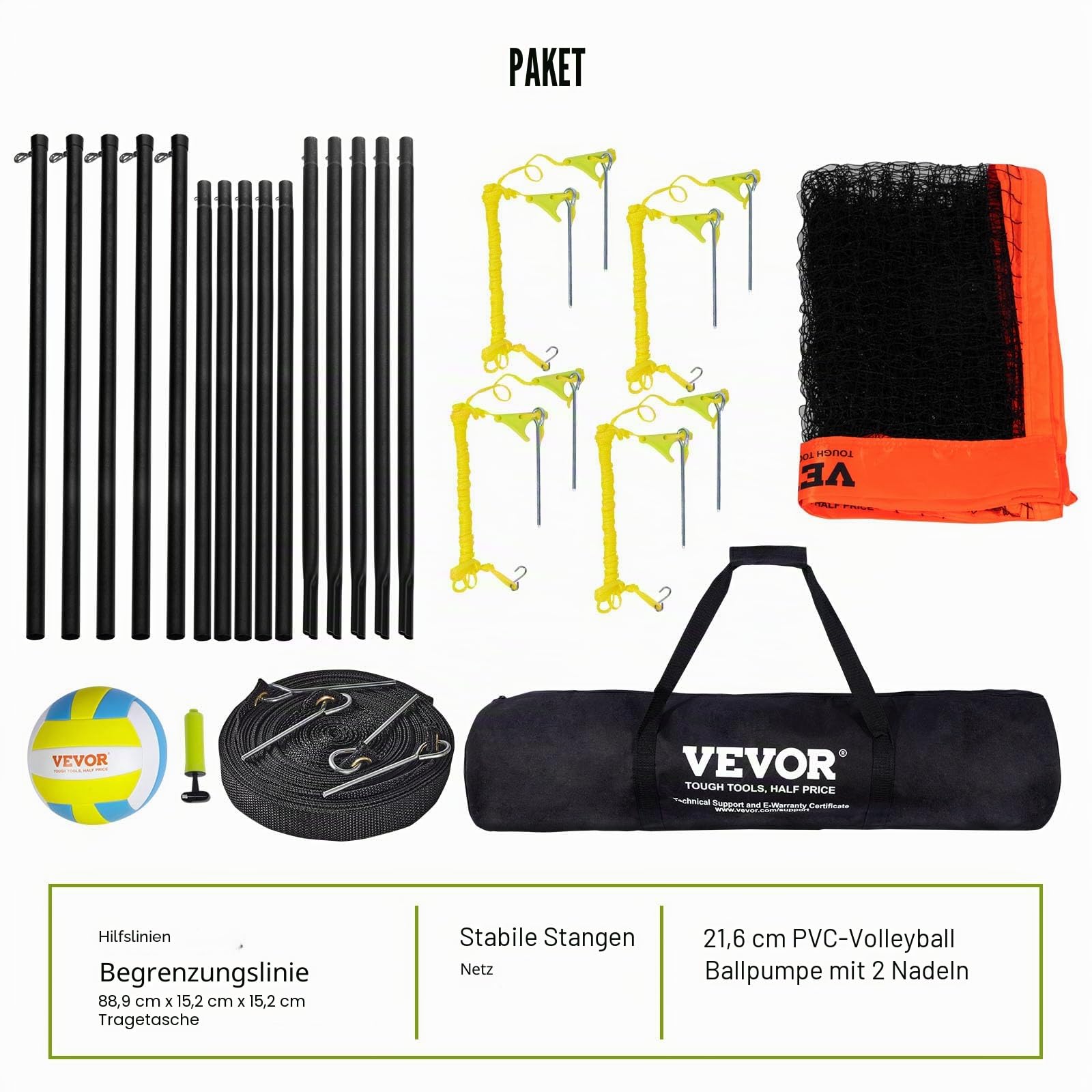 VEVOR Volleyballnetz Höhenverstellbar 4,3 x 2,2 m Tragbarer Beachvolleyball-Netz Orange mit Volleyball & Tragetasche