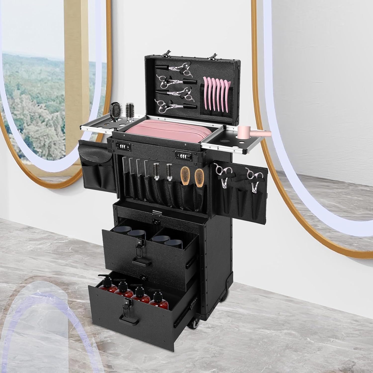 Rolling Lockable Makeup Train Case Artist Cosmetic Train Case Cosmetic Luggage Travel Organizer with Hair Dryer Holder, Multi-functional Large Trolley Storage Case with Hair Dryer Holder