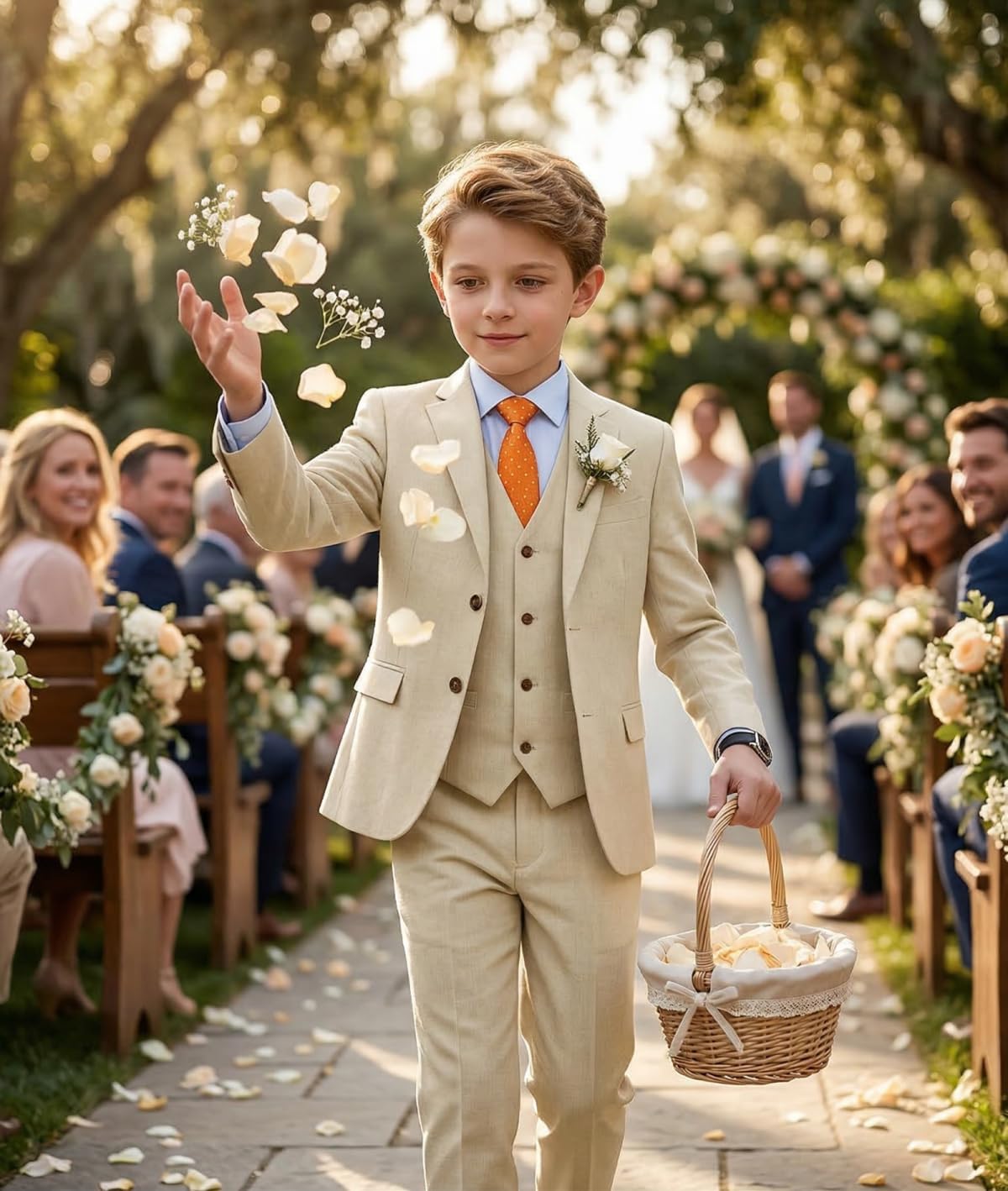 Boys Linen Suit Slim Fit 3 Piece Summer Beach Wedding Kids Tuxedo with Jacket Vest Pant Set Easter Suits for Boy