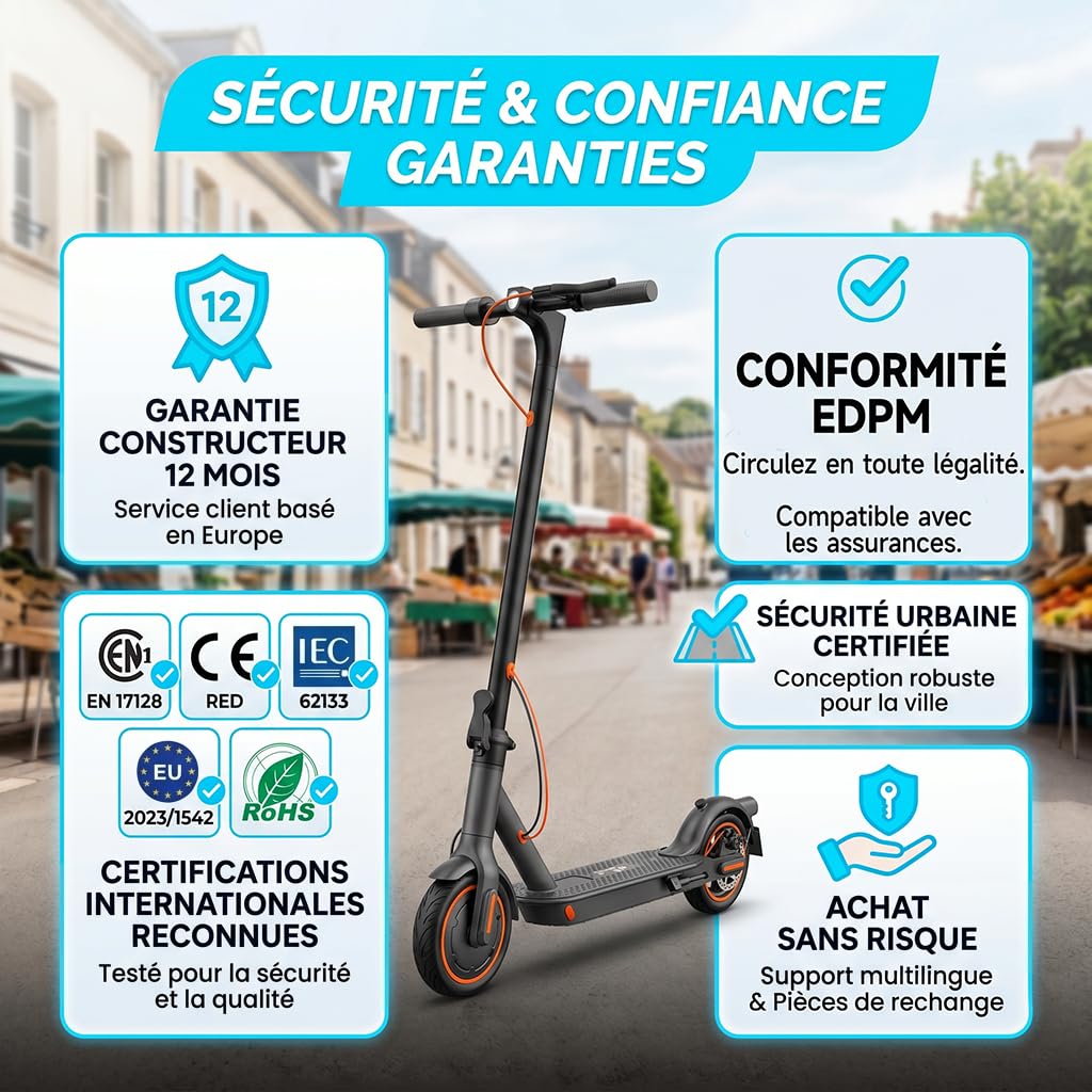 Trottinette Électrique Adulte Légère Amortisseur Avant 35KM APP | Moteur crête 650W, 36V 7.8Ah, charge 130kg, poids 12kg, pneus pleins alvéolés increvables, double freinage
