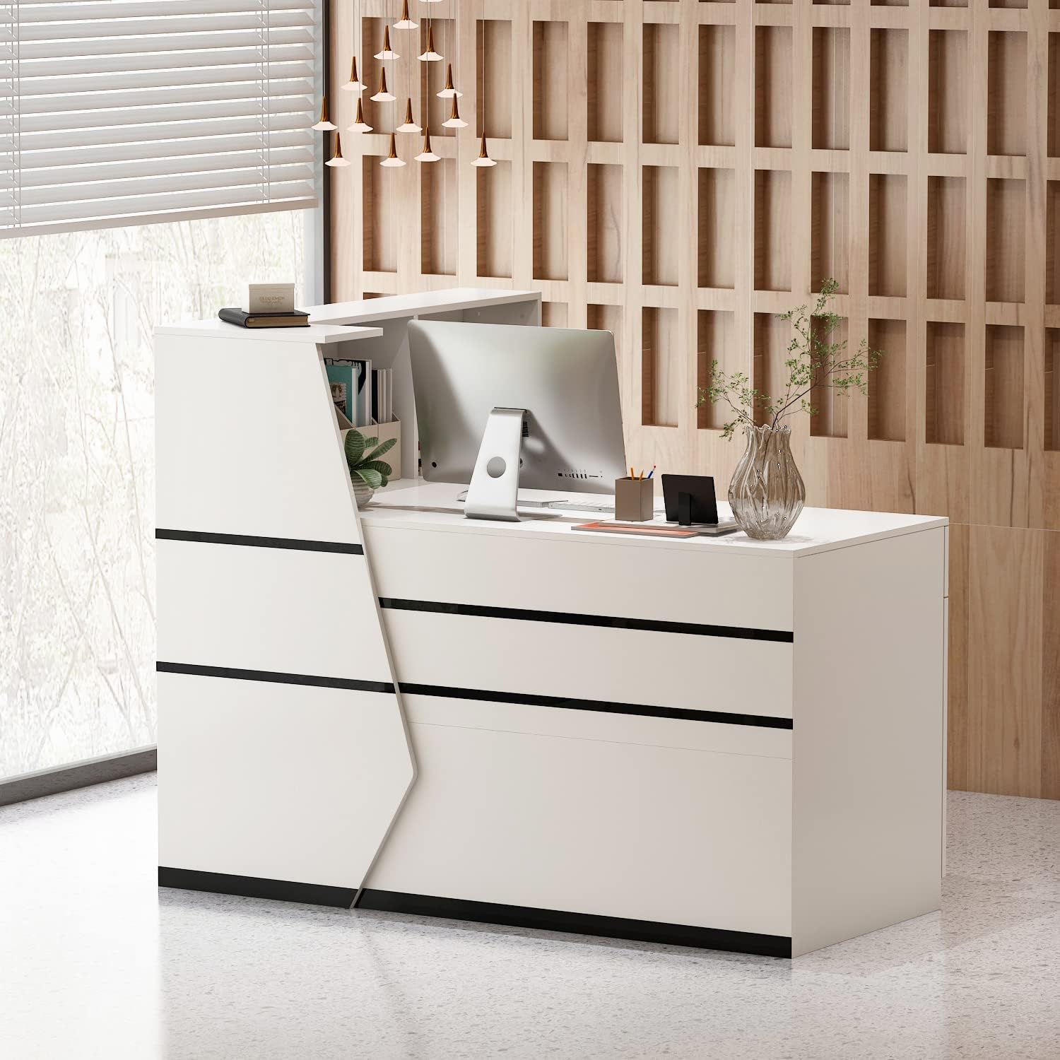 AIEGLE Reception Desk with Hutch, Reception Counter Desk with Lockable Drawers & Shelves, for Salon Recetion Room Retail Counter Checkout Office, White (55.1" W x 43.3" D x 43.3" H)