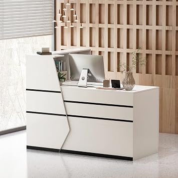 Reception Desk with Hutch, Reception Counter Desk with Lockable Drawers & Shelves, for Salon Recetion Room Retail Counter Checkout Office, White 55.1" W x 43.3" D x 43.3" H