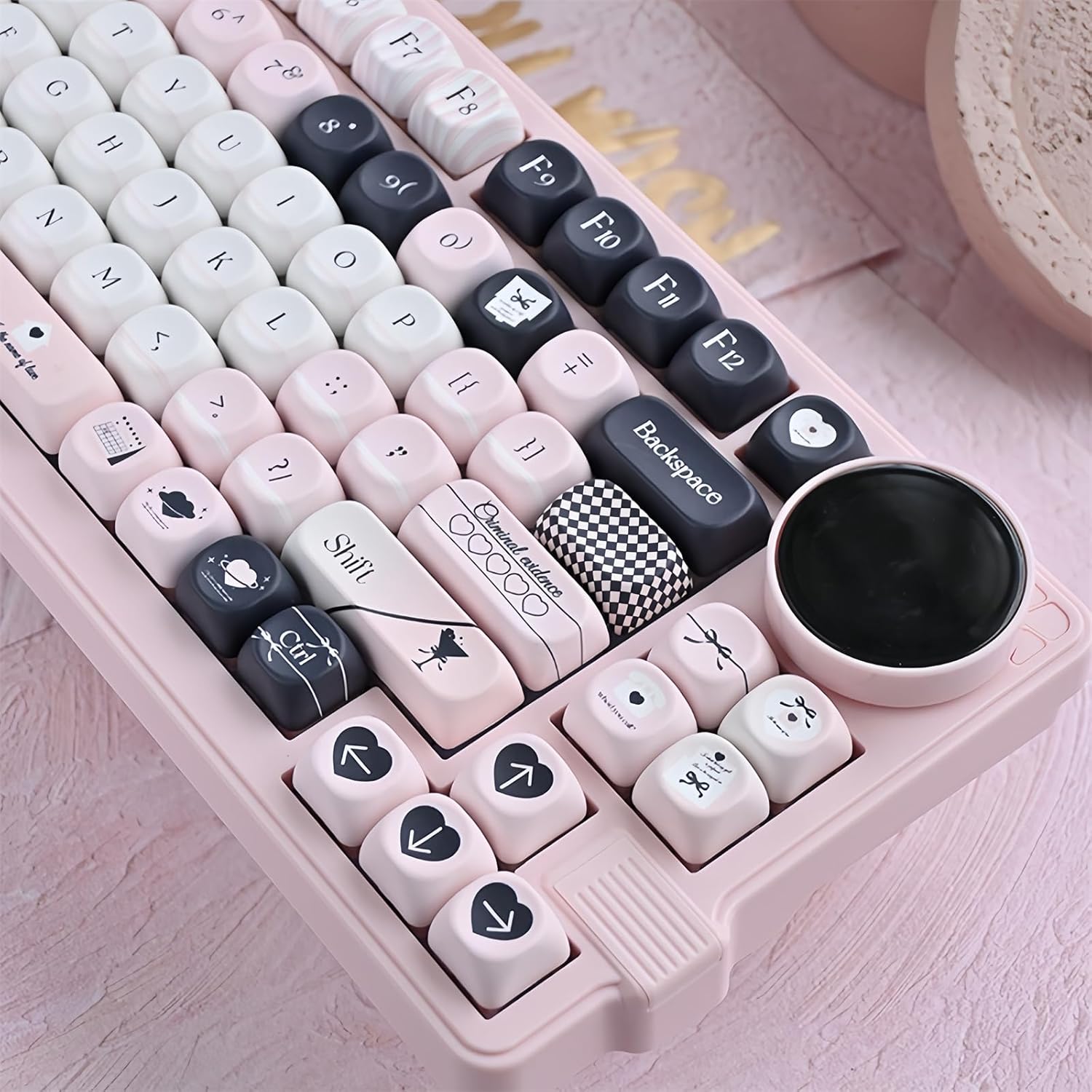 MOA Profile Cute Keycaps,PBT Dye-Sub Kawaii Pink and Black Keycaps Custom Full Size Keycap Set for Cherry MX Switch ANSI Layout 75% 60% Mechanical Gaming Keyboard Creamy Keycap (118Keys)