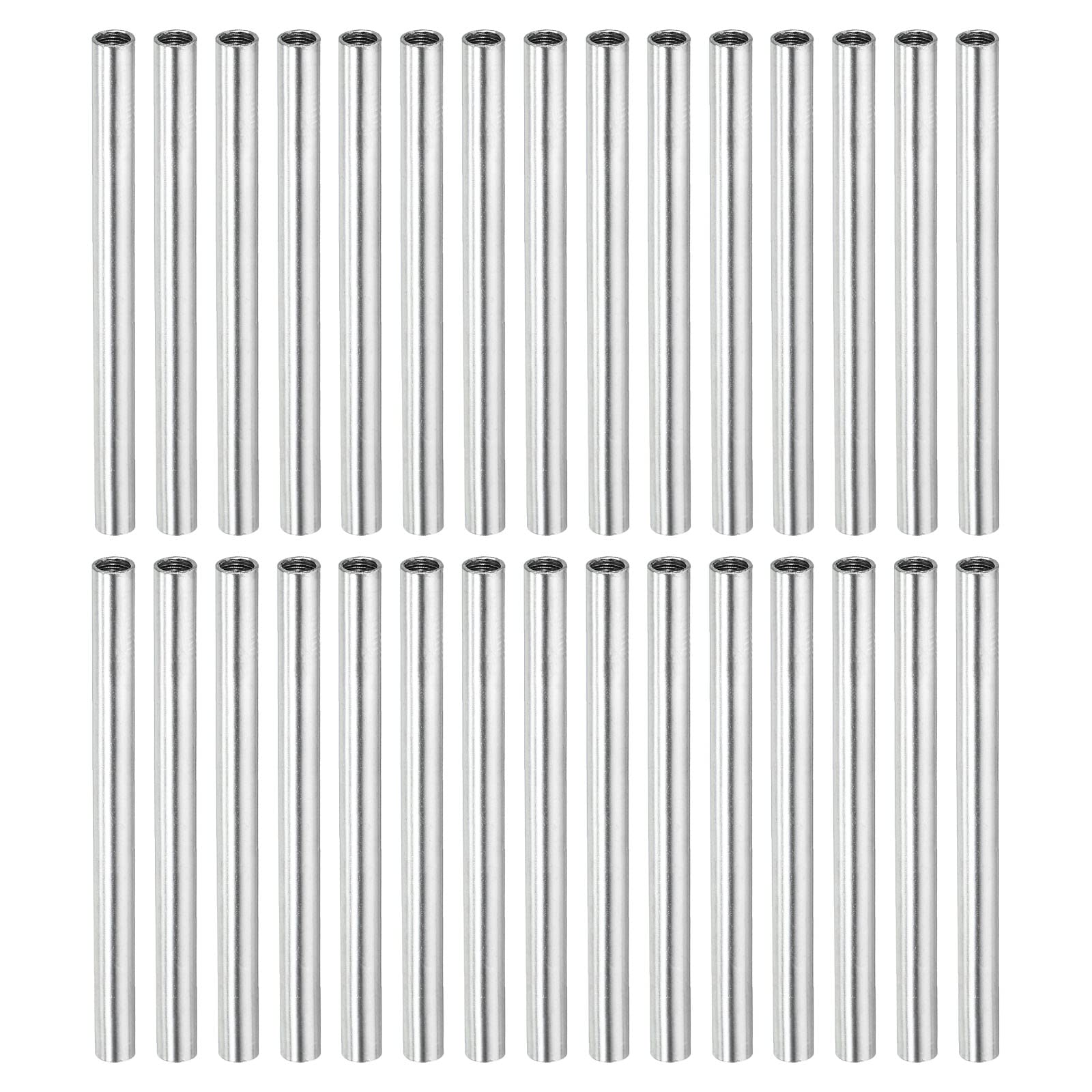 sourcing map Round Coupling Nut, M4x0.7mm Female Thread 60mm Threaded Round Sleeve Connector Rod Bar Stud Tube Nut Hardware Fastener, Silver Pack of 30