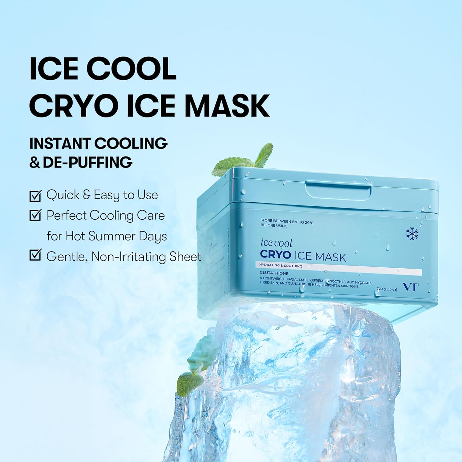 VT COSMETICS Cryo Ice Cool Mask, 30 Sheets, Cooling & De-Puffing Daily Sheet Mask, Hydrating Korean Face Mask, Xylitol & Hyaluronic Acid, K-Beauty Skincare