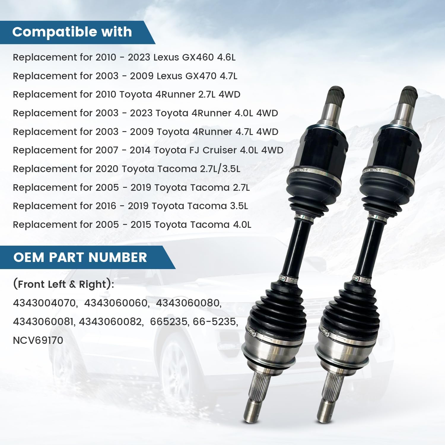 2PCS Front CV Axle Drive Shaft for Toyota 4Runner 2003-2023 Tacoma 2005-2020 FJ Cruiser 2007-2014 & Lexus GX460 2010-2023 GX470 2003-2009, Front Left & Right CV Axle Shaft Assembly Replacement 66-5235