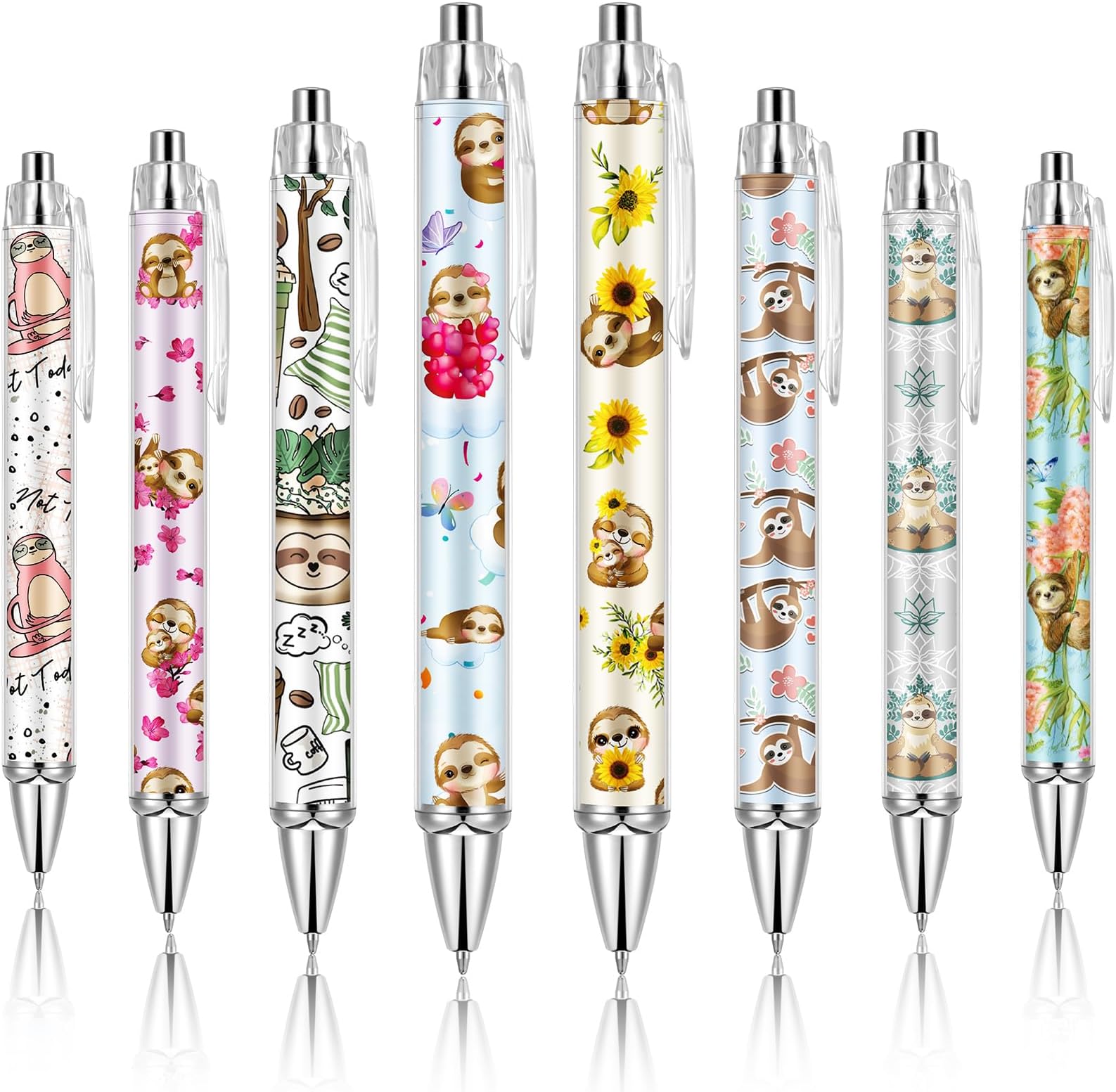 Ireer 8 Pcs Ballpoint Pens for Women and Girls 1.00 mm Writing Pens Black Ink Fancy Pens Fine Point Smooth Writing Pens for Journaling, Aesthetic School Office Supplies (Sloth)