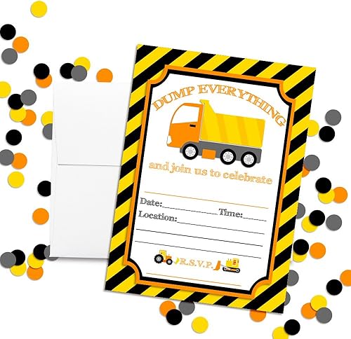Miniatura 2 de AmandaCreation - Invitaciones para fiestas de cumpleaños de construcción de camiones volquete de Dump Everything, 20 tarjetas de relleno de 5 x 7