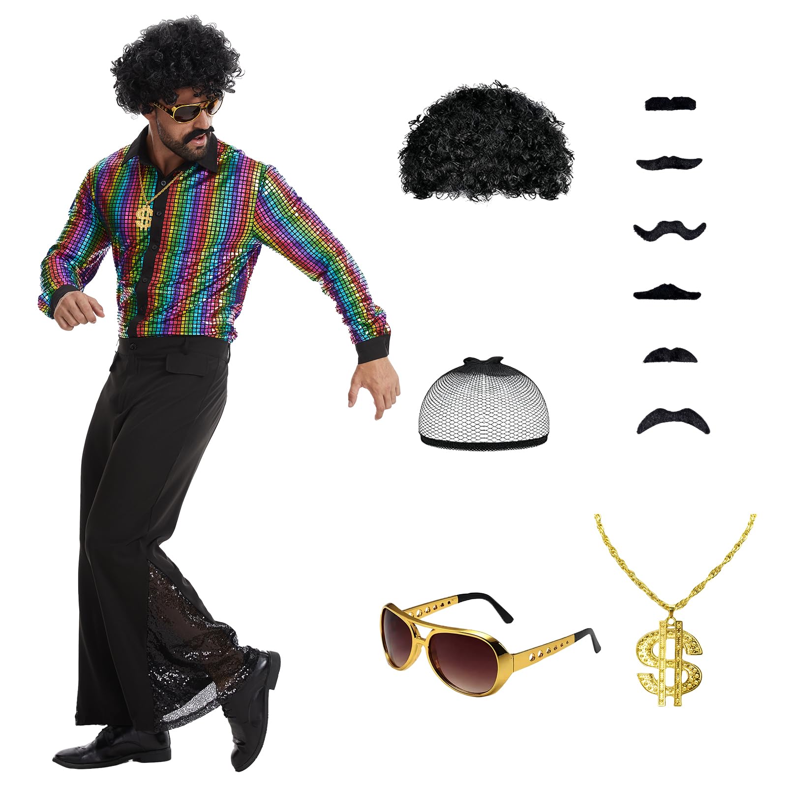 Fantazyjny kostium dla mężczyzn z lat 70. XX wieku, strój retro z akcesoriami na imprezy w stylu retro i Halloween.