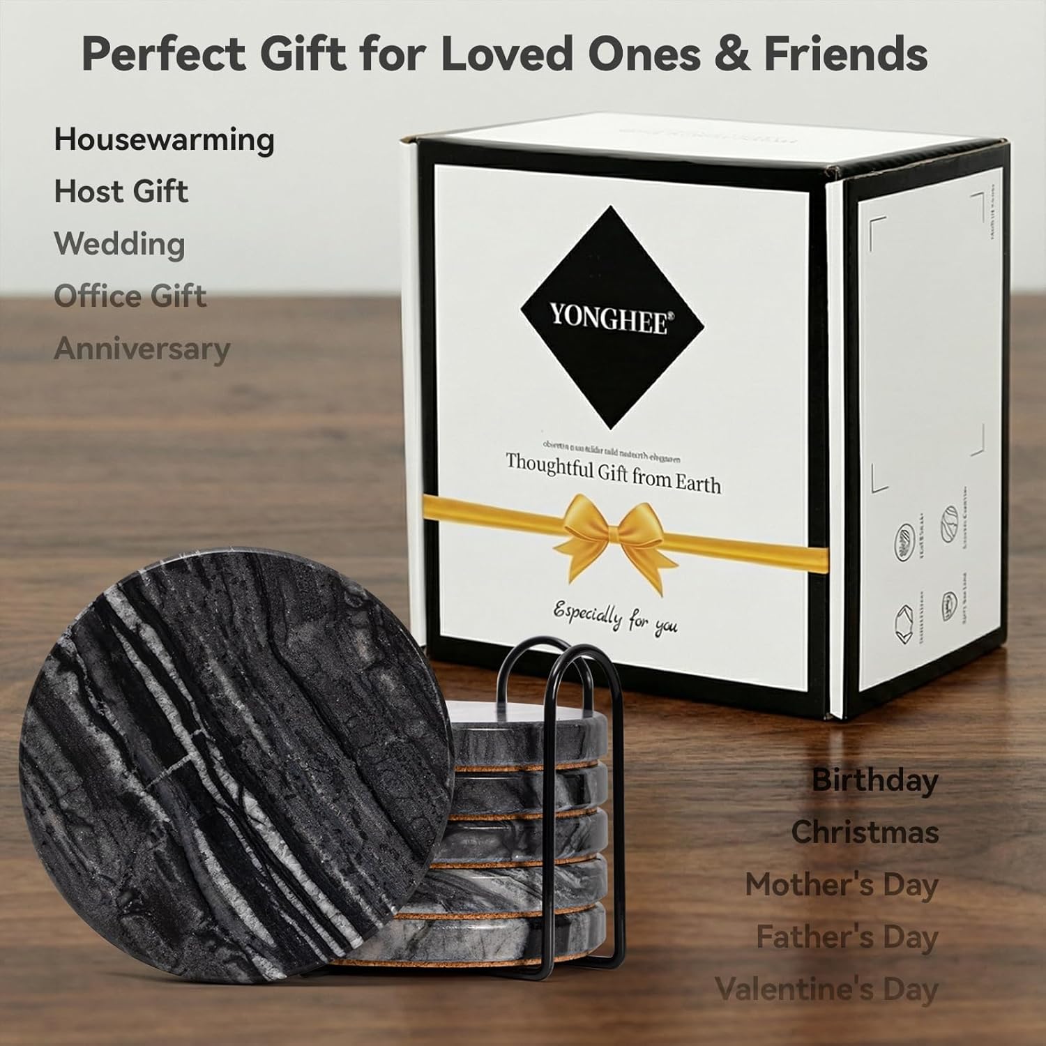 Set of 6 Marble Coasters with Holder, 4 Inch Round Luxury Modern Black Coasters for Coffee Table Decor, Heavy Natural Stone Coaster with Cork Bottom, Stylish & Practical, Elegant Gift Boxed