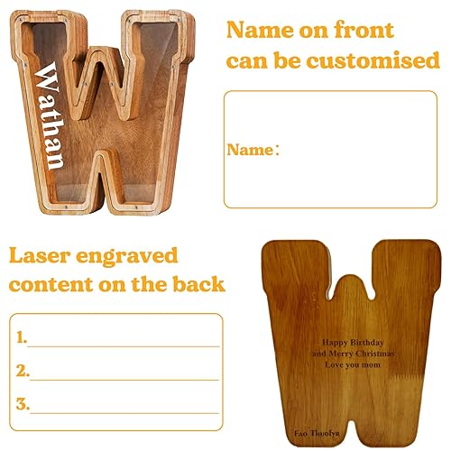 Vista 113 de Customized Name Large Wooden Piggy Bank for Boys Girls Alphabets Letter A-Z Coins Bills Money Change Bank Box Initial on Clear Cover