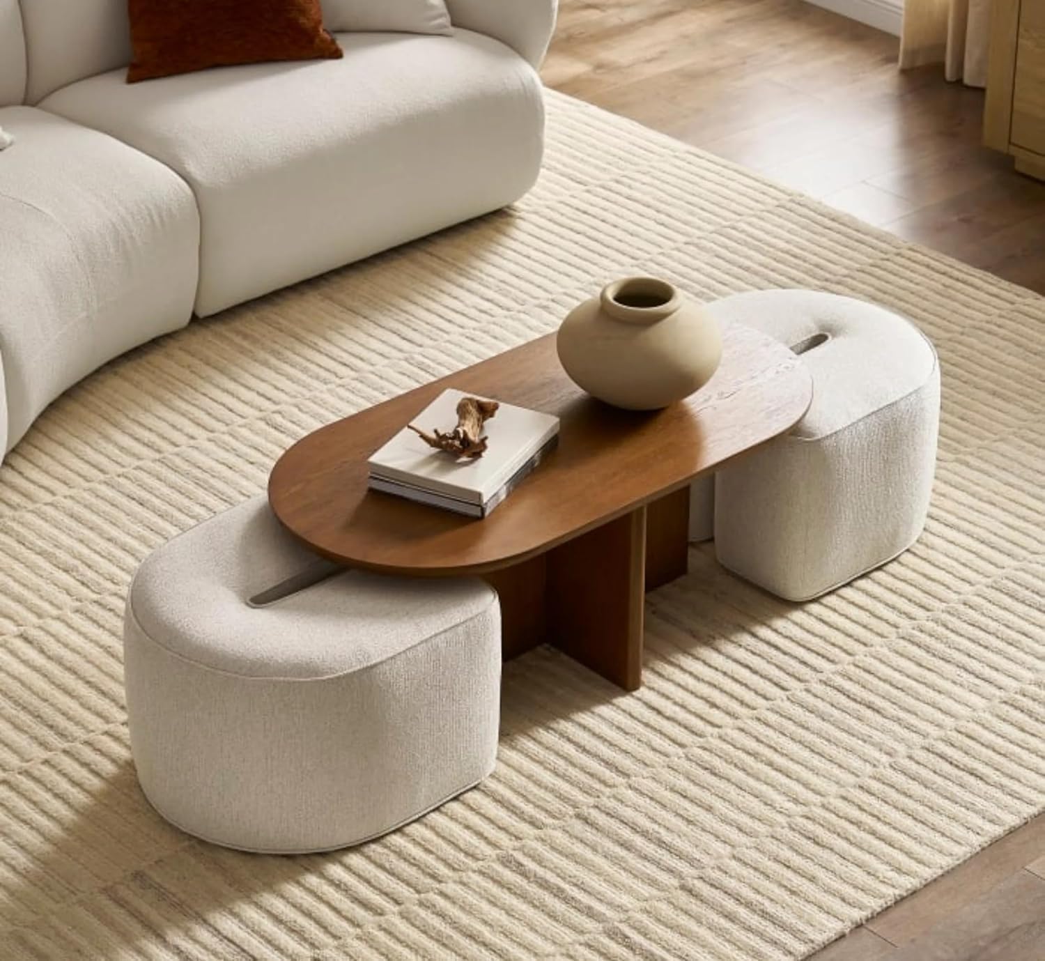 Mango Wood Coffee Table with 2 Stools for Home | Oval Centre Table with Seating Stools | Space Saving Patio Tables with Two Upholstered Puffy Ottoman for (Natural Teak)-image-10