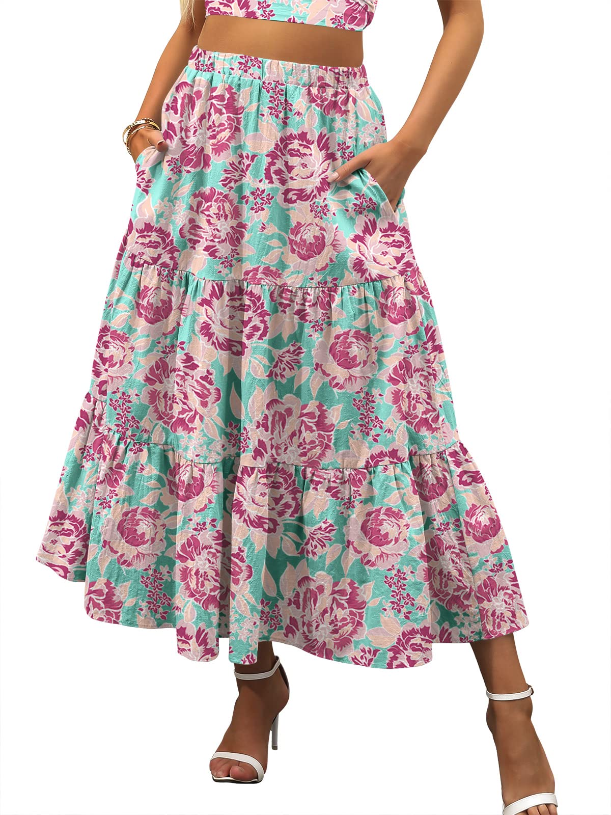 ANRABESSWomen’s Summer Boho Elastic Waist Pleated A-Line Flowy Swing Tiered Long Beach Skirt Dress with Pockets, Floral 03, Large