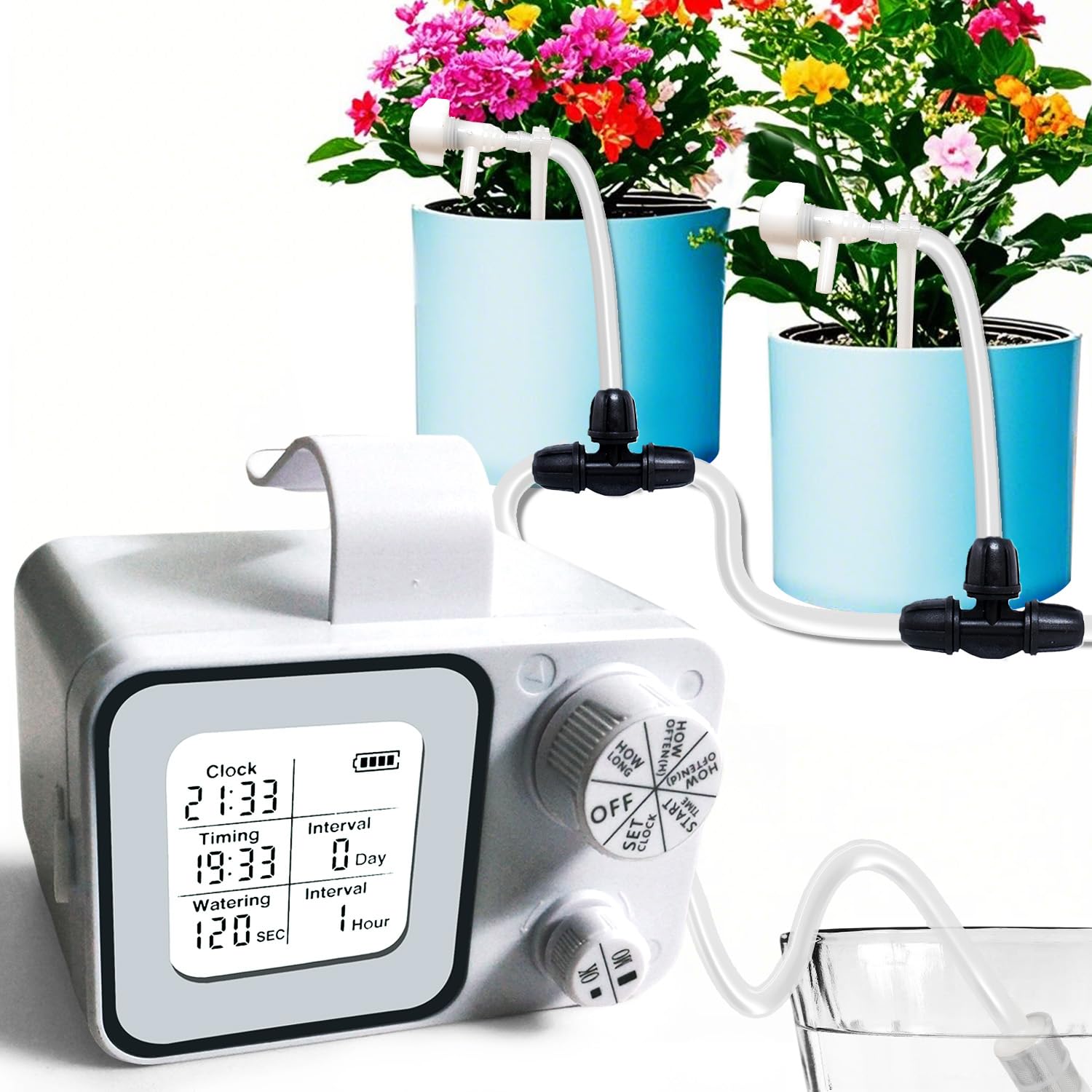 Riego automático de plantas de interior para 15 plantas en maceta, kit de riego por goteo con goteros ajustables y conectores en T bloqueables, temporizador programable digital, dispositivos