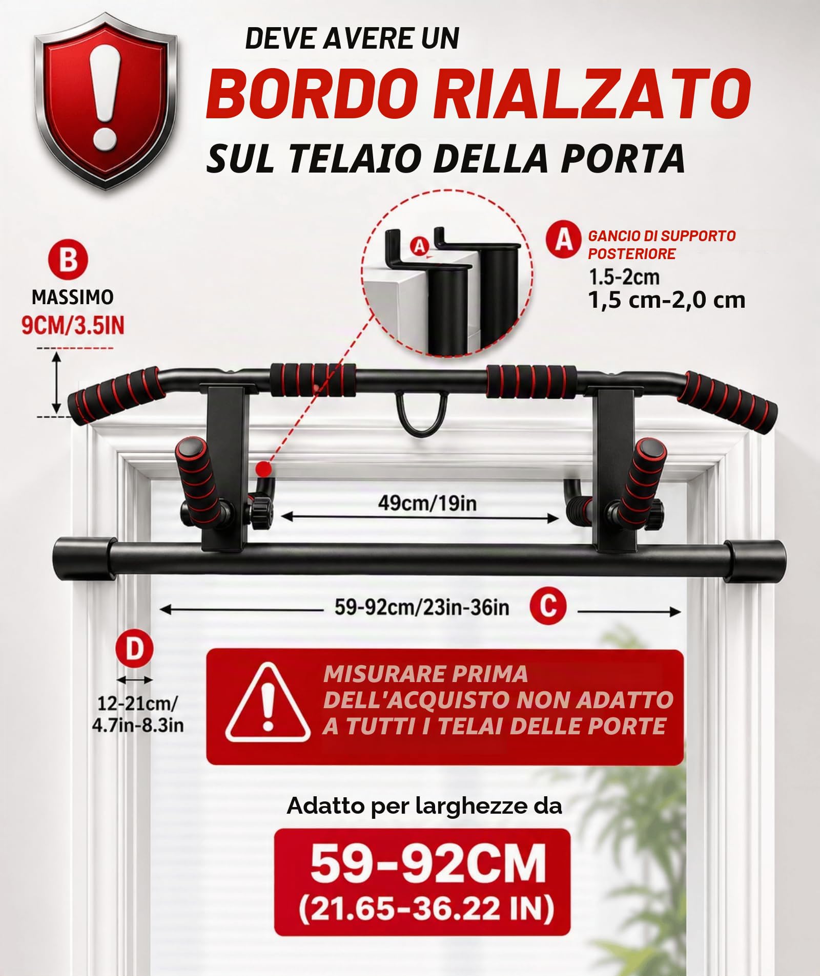 Barra per Trazioni da Porta Senza Installazione, Pull Up Bar | 8 Impugnature Regolabile, Sbarra Trazioni Palestra in Casa (59-92cm)
