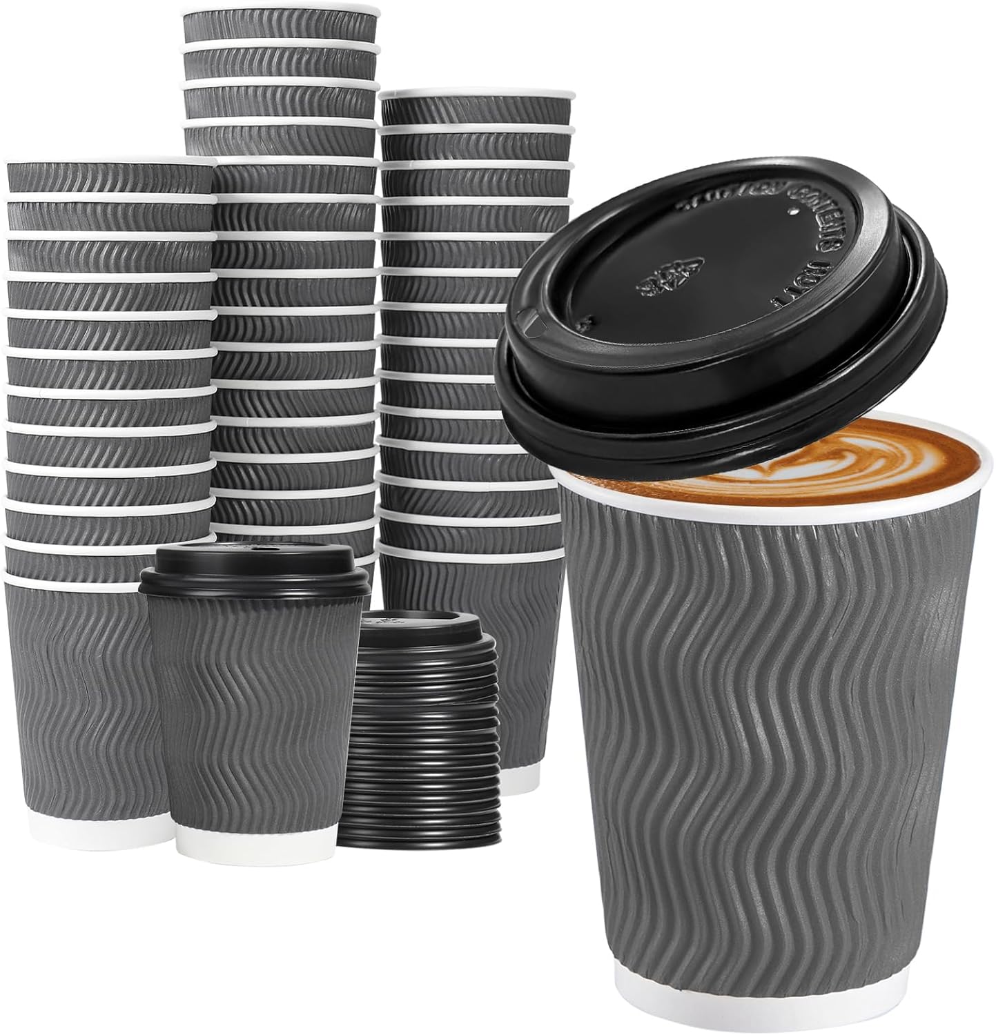 Lamosi 50 Pack 12 oz Insulated Disposable Coffee Cups with Lids, To Go Paper Coffee Cups with Lids, Corrugated Ripple Wall Cup for Hot Drink Office Coffee Bar