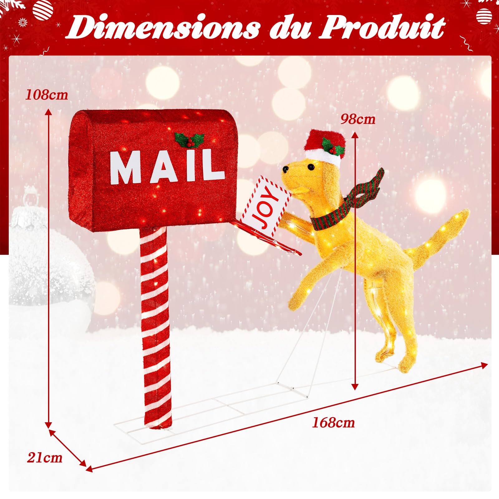 GYMAX 168cm Boîte aux Lettres de Noël & Chien, Décoration Lumineux LED, 120 Lumières Blanc Chaud, avec Attaches de câble et Piquets de Sol, pour Intérieur Extérieur Maison Jardin Pelouse