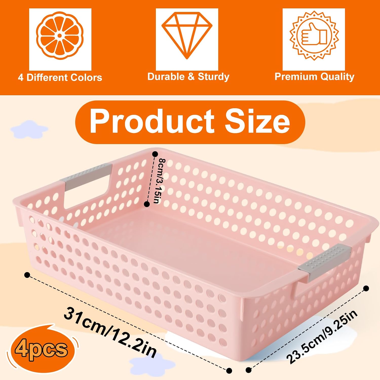 4 Pack Turn in Trays Classroom, Plastic Storage Baskets with Handles, Paper Trays for Storage, Colorful Classroom Organizer Baskets for Drawers, Home, Office (4 Color)