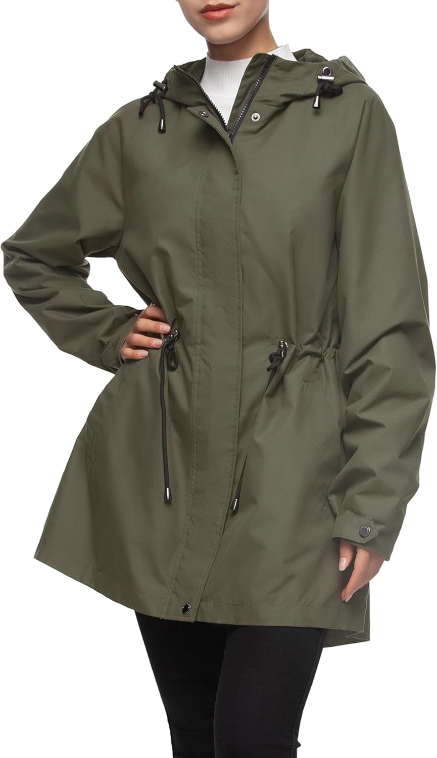 Rokka&Rolla Women's Water-Resistant Anorak Hooded Rain Jacket Trench Coat