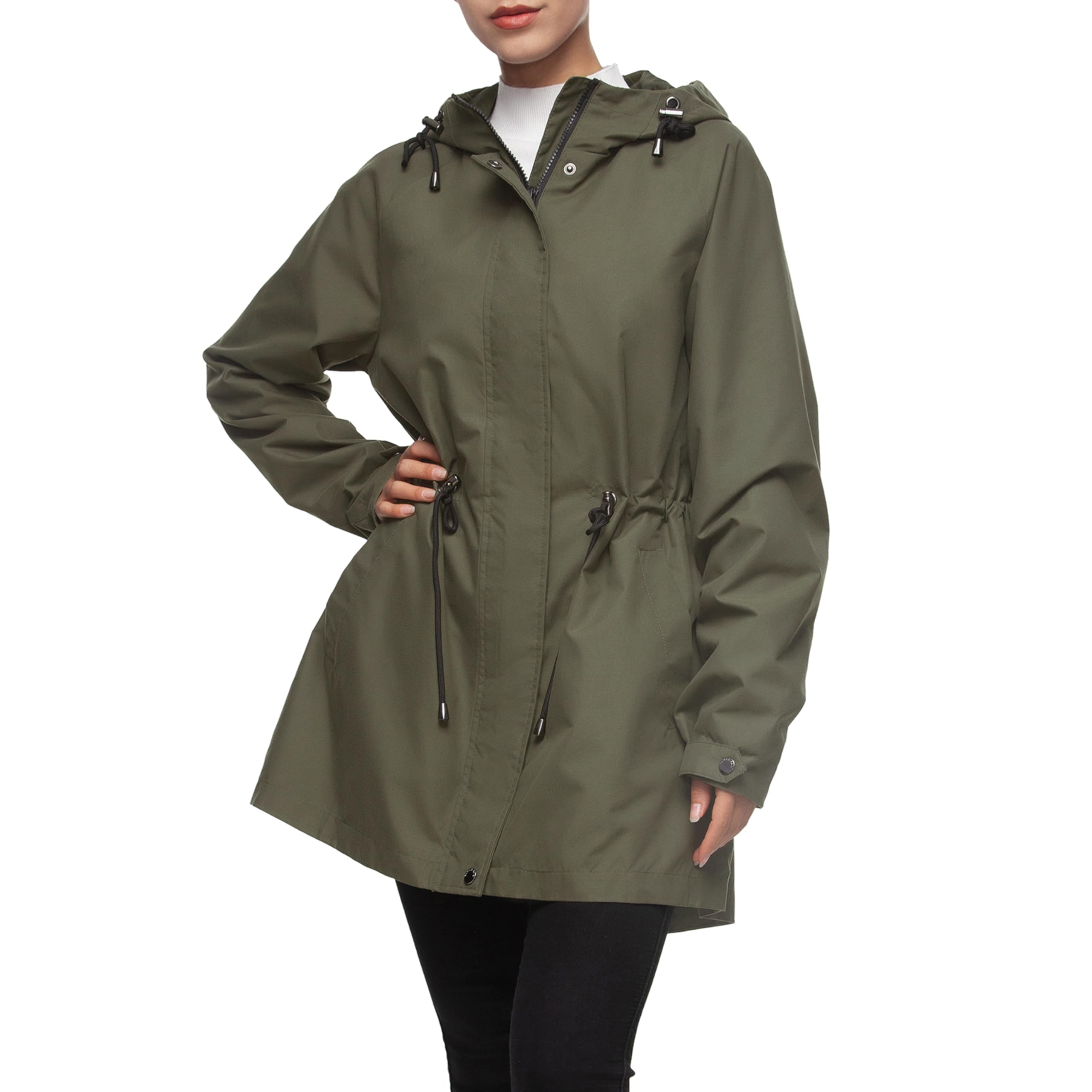 Rokka&Rolla Women's Water-Resistant Anorak Hooded Rain Jacket Trench Coat