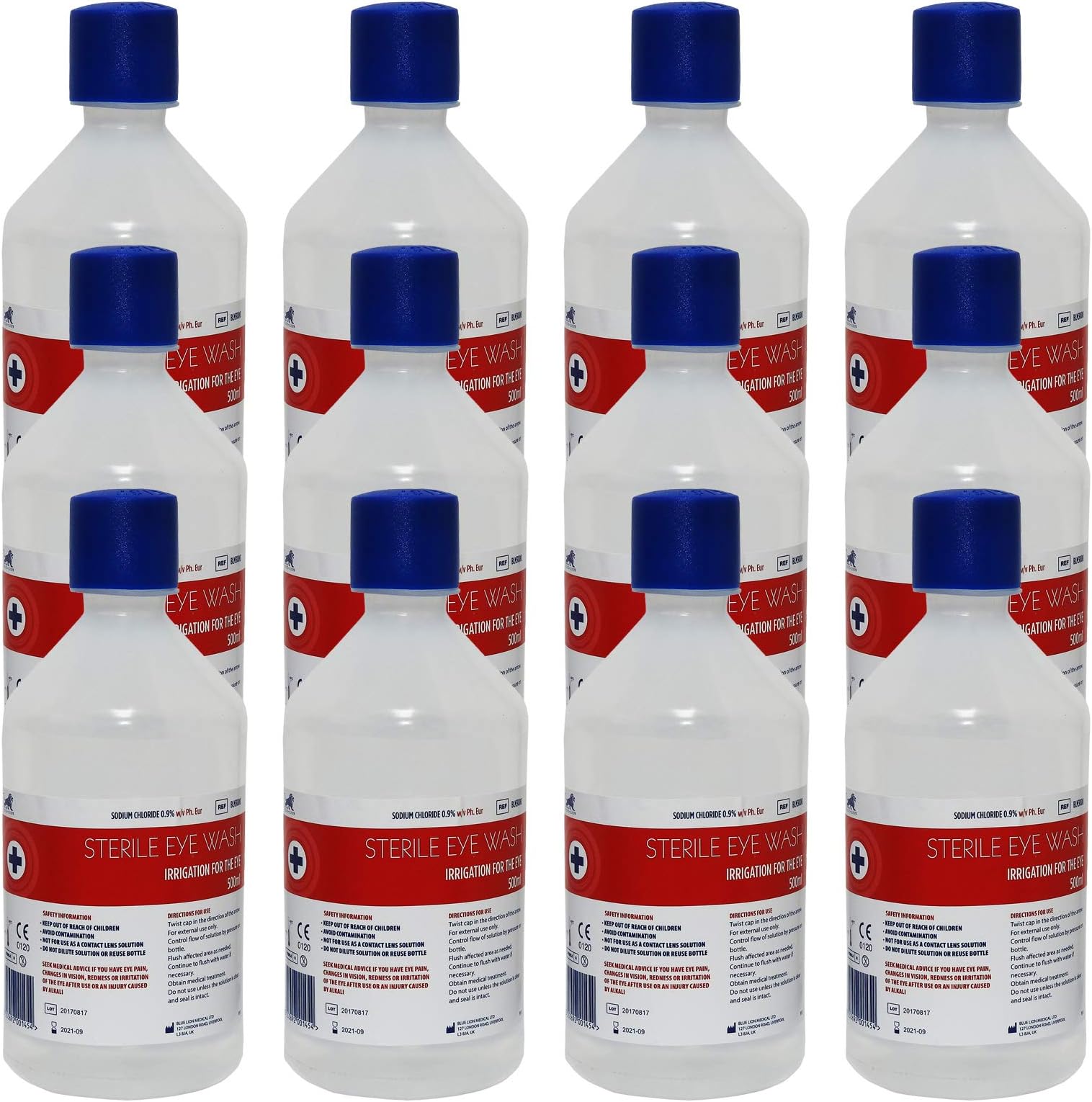 500ml Blue Lion Sterile Saline Eye Wash Cleaning Cleansing Solution Bottle - (12 Bottles x 500ml)