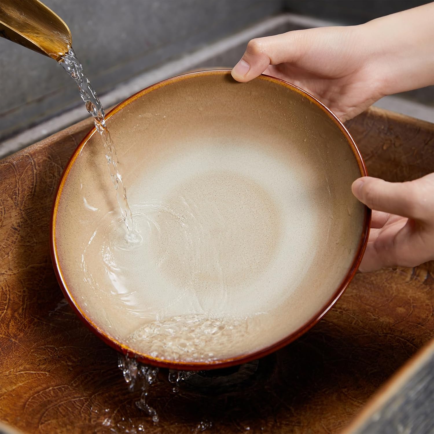 Ceramic 32 Oz Pasta Bowls, 8.75 Inch Reactive Glaze Pasta Bowl Set of 4, Microwave & Dishwasher Safe, Large Wide Serving Bowls for Salad, Dessert, Soup, Fruit, Brown and Yellow - Image 7