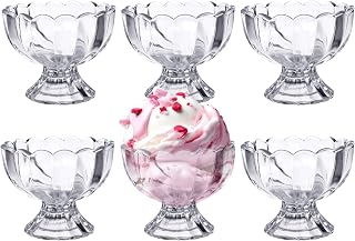 6 Pcs Small Cute Footed Tulip Glass Dessert Bowls, 5.2oz Ice Cream Dessert Cups for Dessert, Sundae, Ice Cream, Fruit, Salad, Snack, Cocktail, Condiment(Comes with 6 Pcs Flower Spoons)