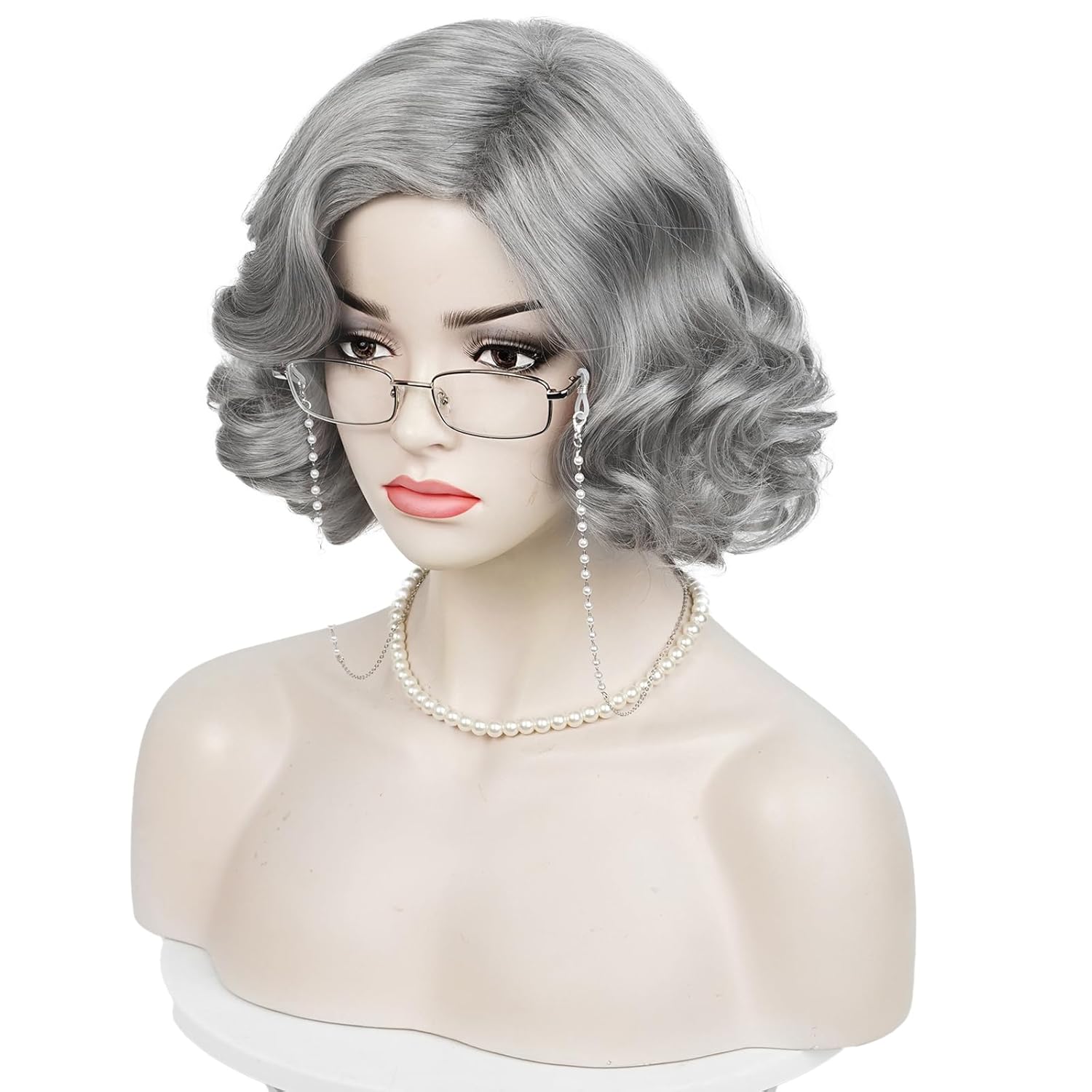 Aicos 5PCS Old Lady Wig Set for Women Grey Grandma Wig with Glasses & Pearl Necklace for Halloween Costume Party