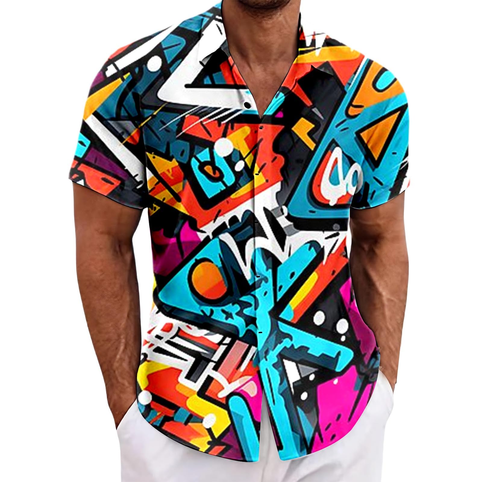 RUMAOZIA Men's Hawaiian Shirt 80s 90s Style Short Sleeve Carnival Fancy Dress Outfit 80s Shirts 90s Button Up Shirt Retro Hawaiian Beach Shirt Neon Disco Funny Party Shirts Colourful Vintage Shirts, P