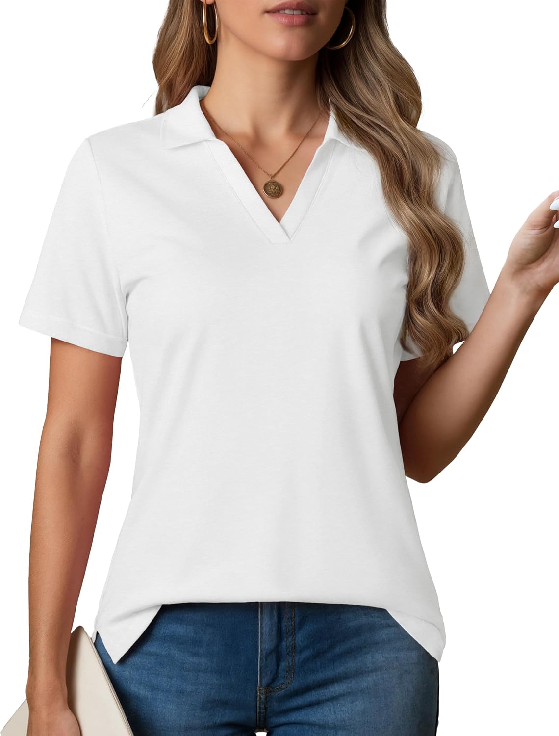 MAGCOMSEN Women's Polo Shirts V-Neck Short Sleeve UPF 50+ Sun Protection Collared Golf Shirt Work Summer Tops