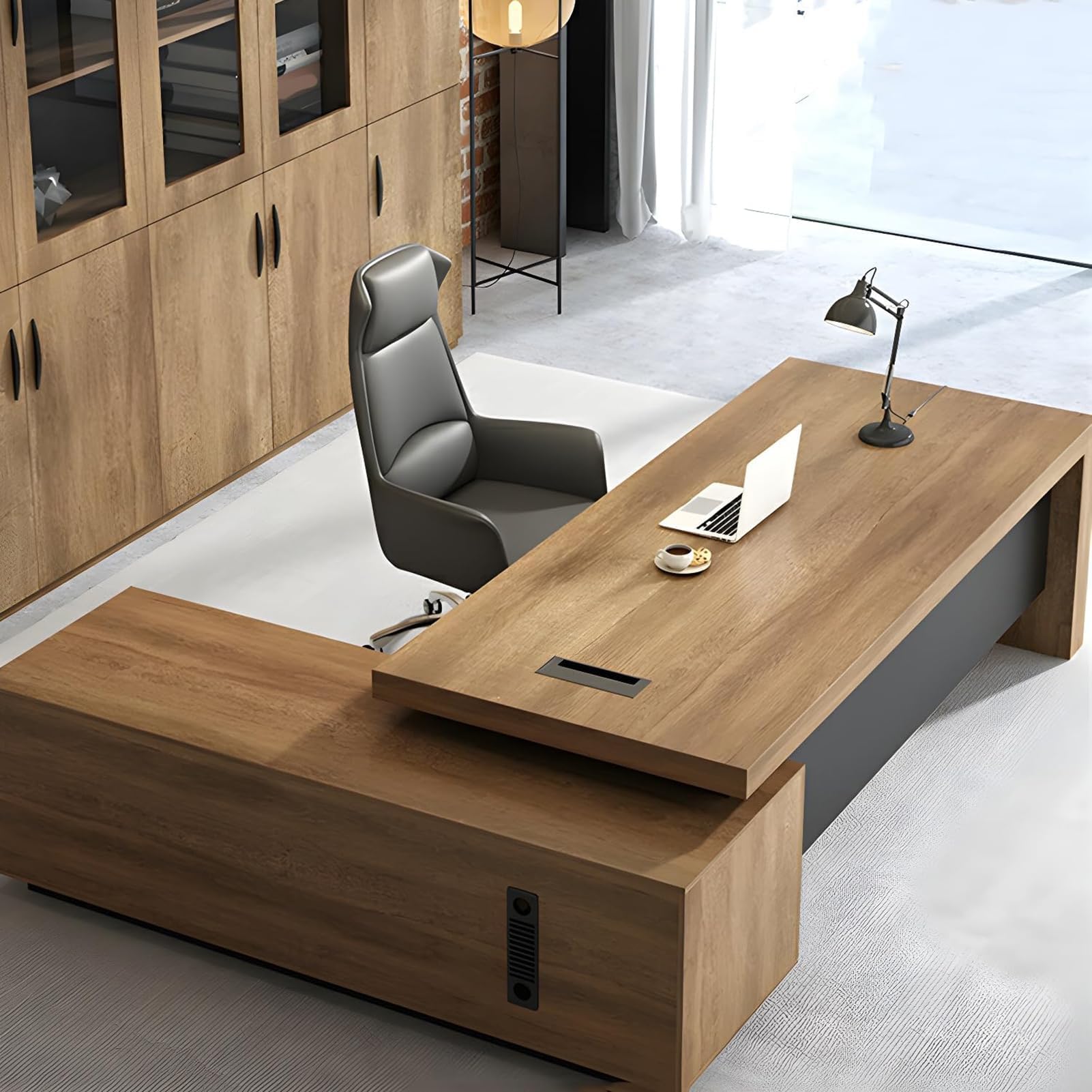 L-Shape Executive Desk, Wood L-Shape Office Executived Desks, Manufactured Wood Computer Desk, Executive Desk L Shaped with Drawers and Storage - Without Chair (Right, 110" L)