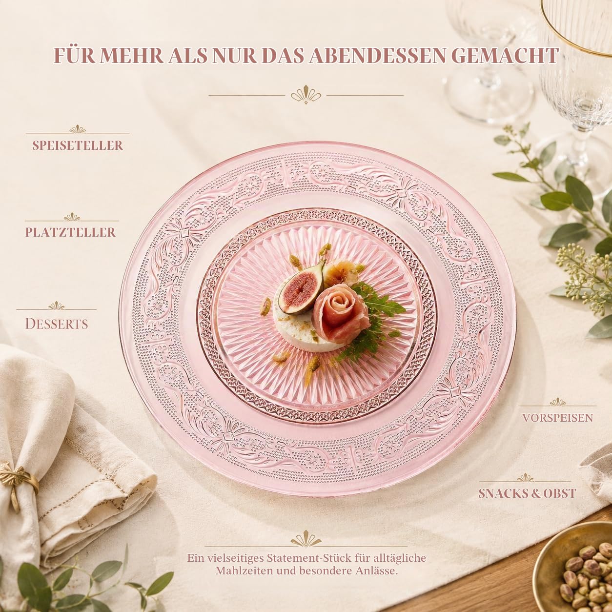 Art Deco Vintage Kristall rosa Teller | Set mit 6 Stück | Einzigartige 26,7 cm Speiseteller – Abendessen, Ladegerät, Dessert-Servierer, Vorspeisenteller, Snack, Obst, Handwäsche, Einweihungsgeschenk