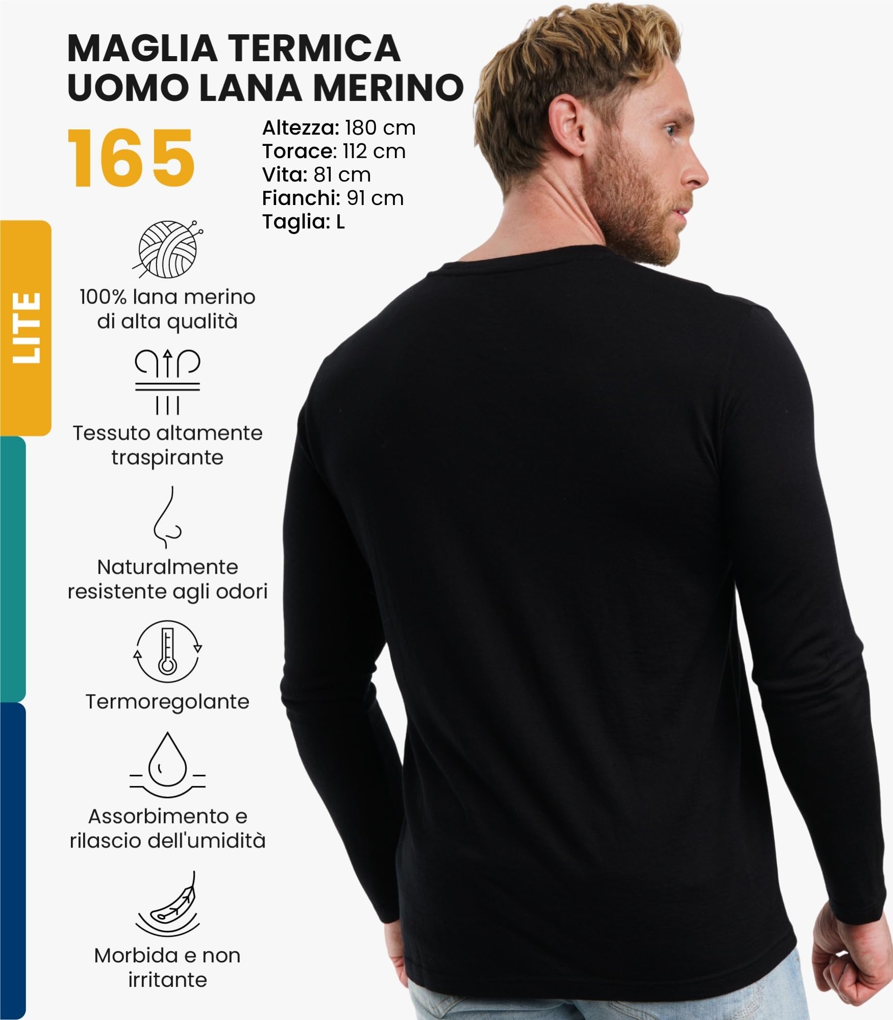 Merino.tech Maglia Termica Lana Merino Uomo - 100% Intimo Termico Lana Merino Uomo Leggero, Medio, Pesante con Calzini